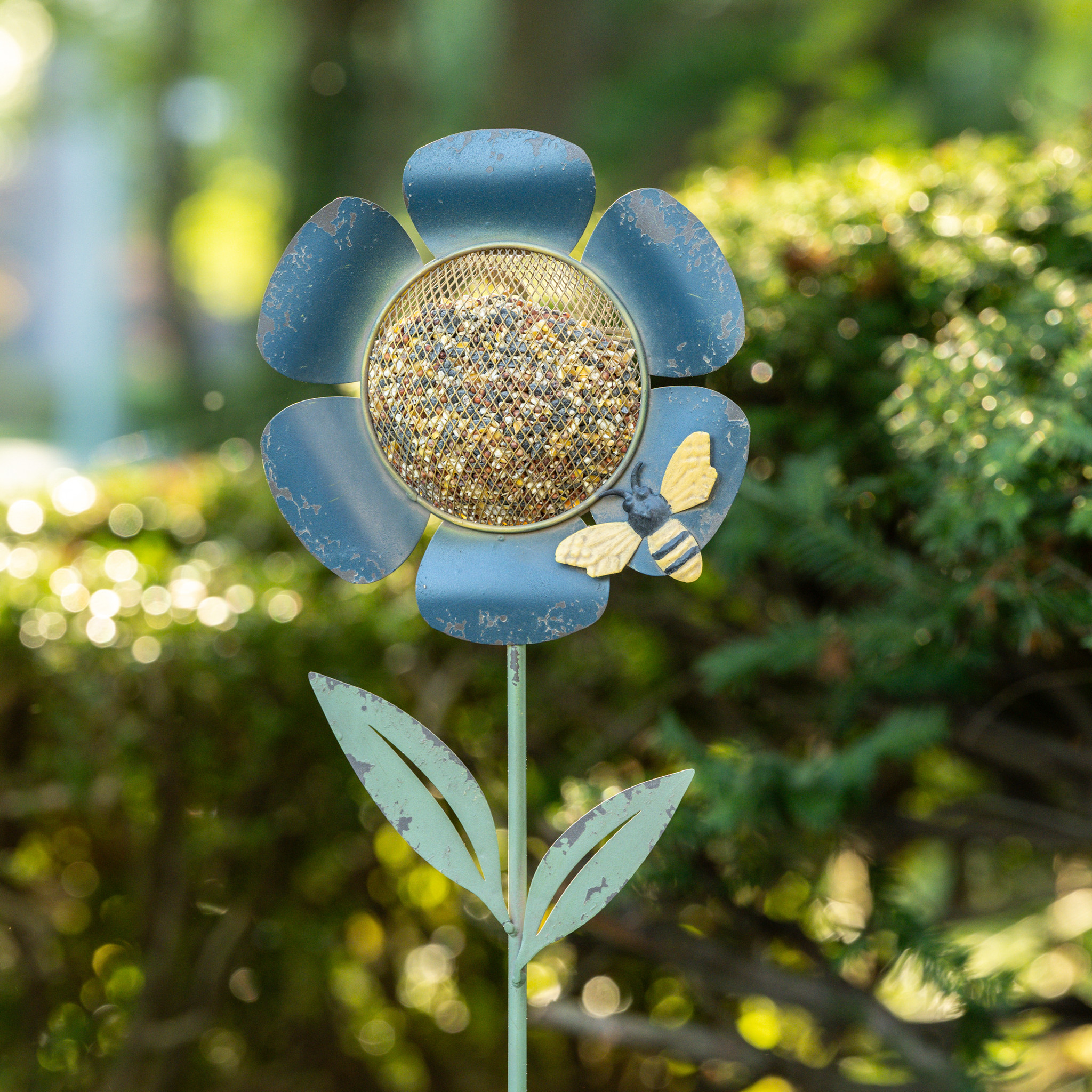Blue Flower Bird Feeder Stake with Bee