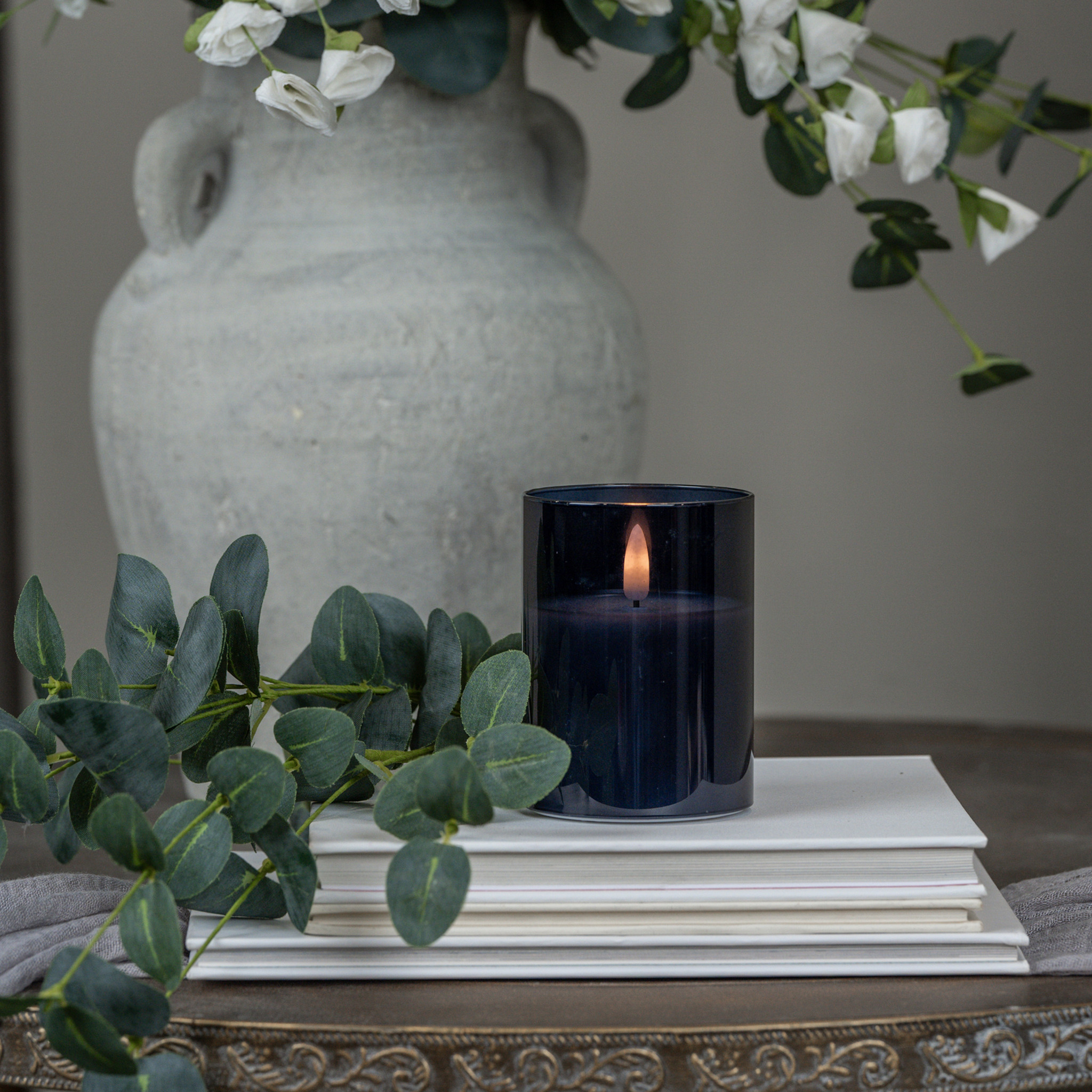 Flameless Navy Glass Candle, 4"