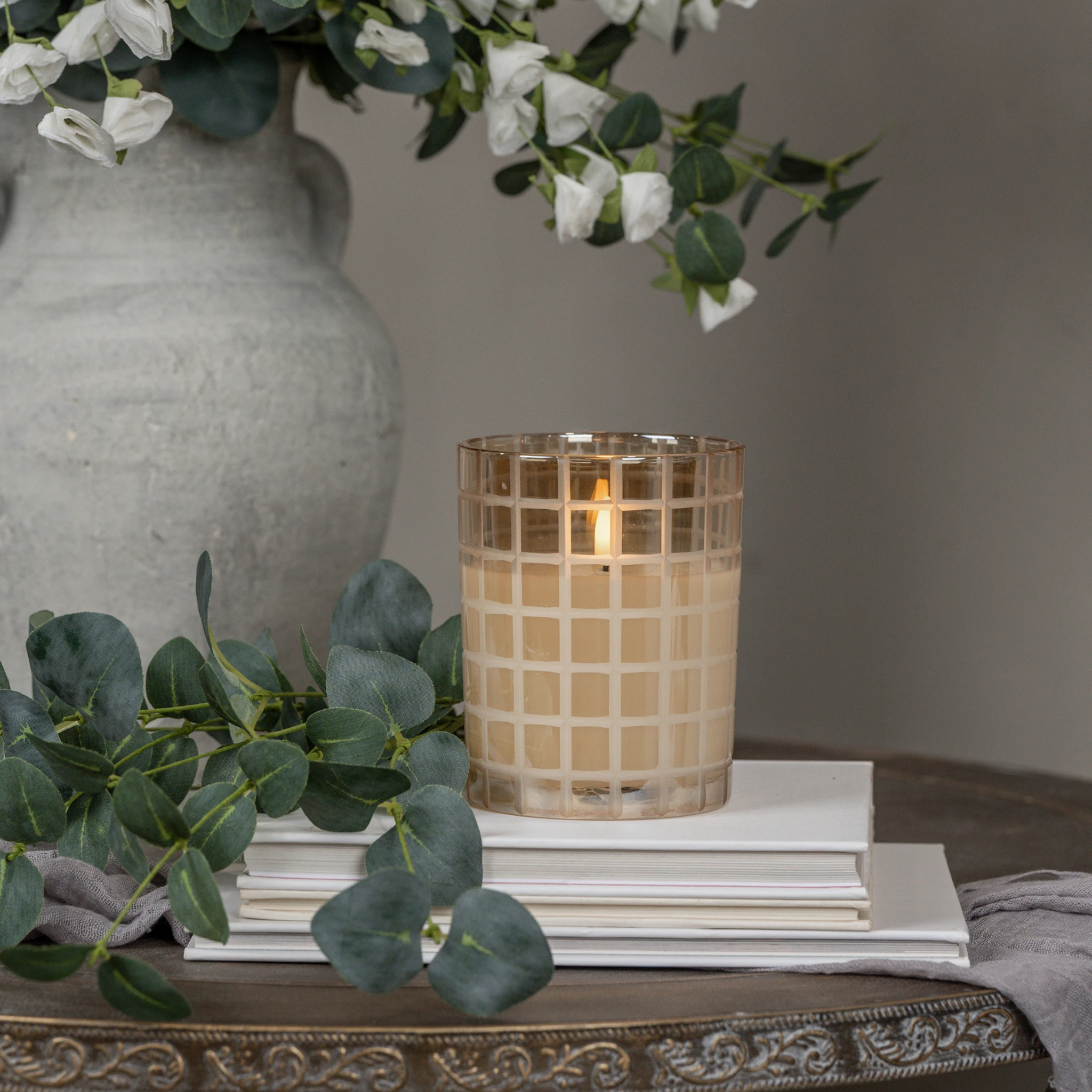 Flameless Etched Grid Champagne Candle, 5"
