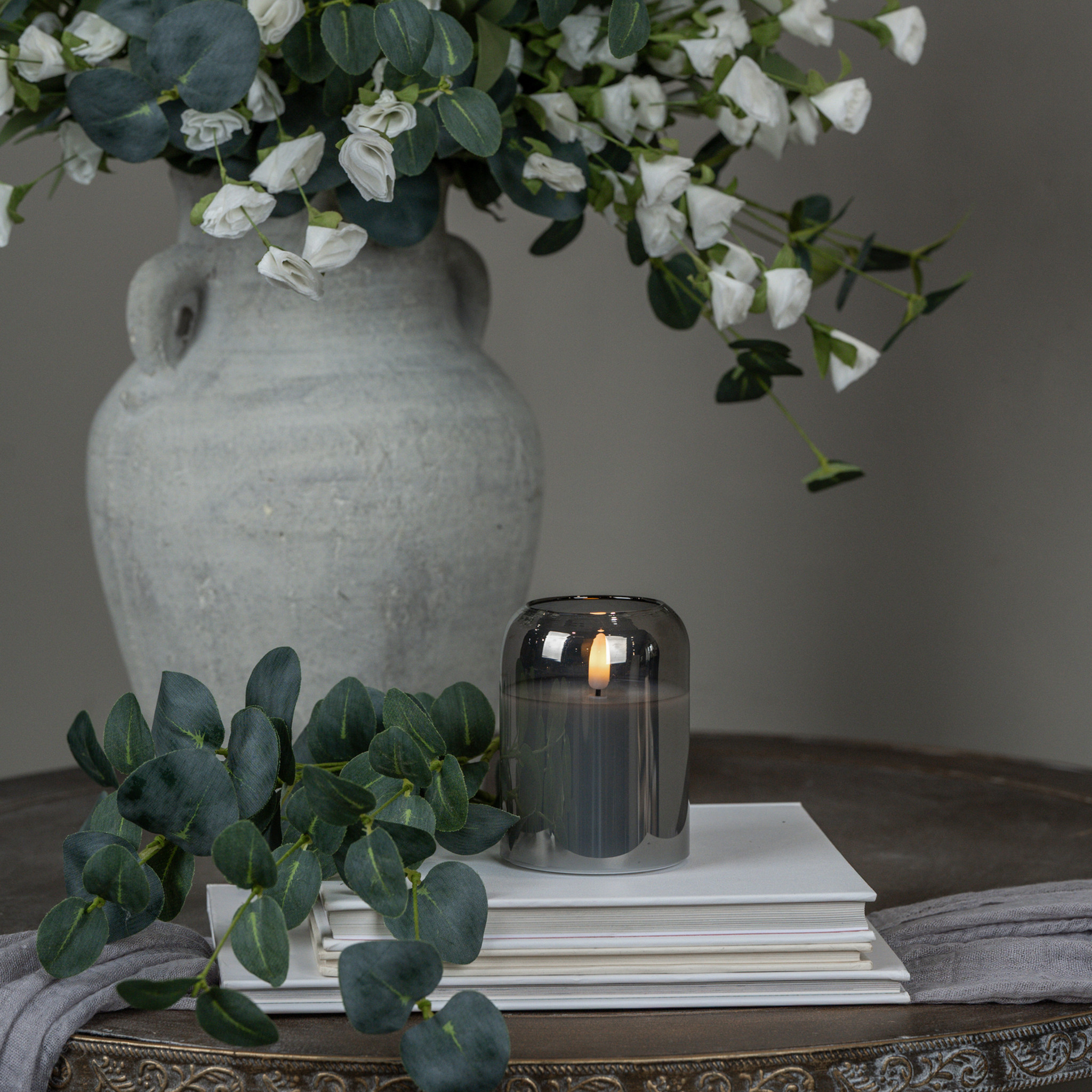Flameless Arched Charcoal Glass Candle, 4"
