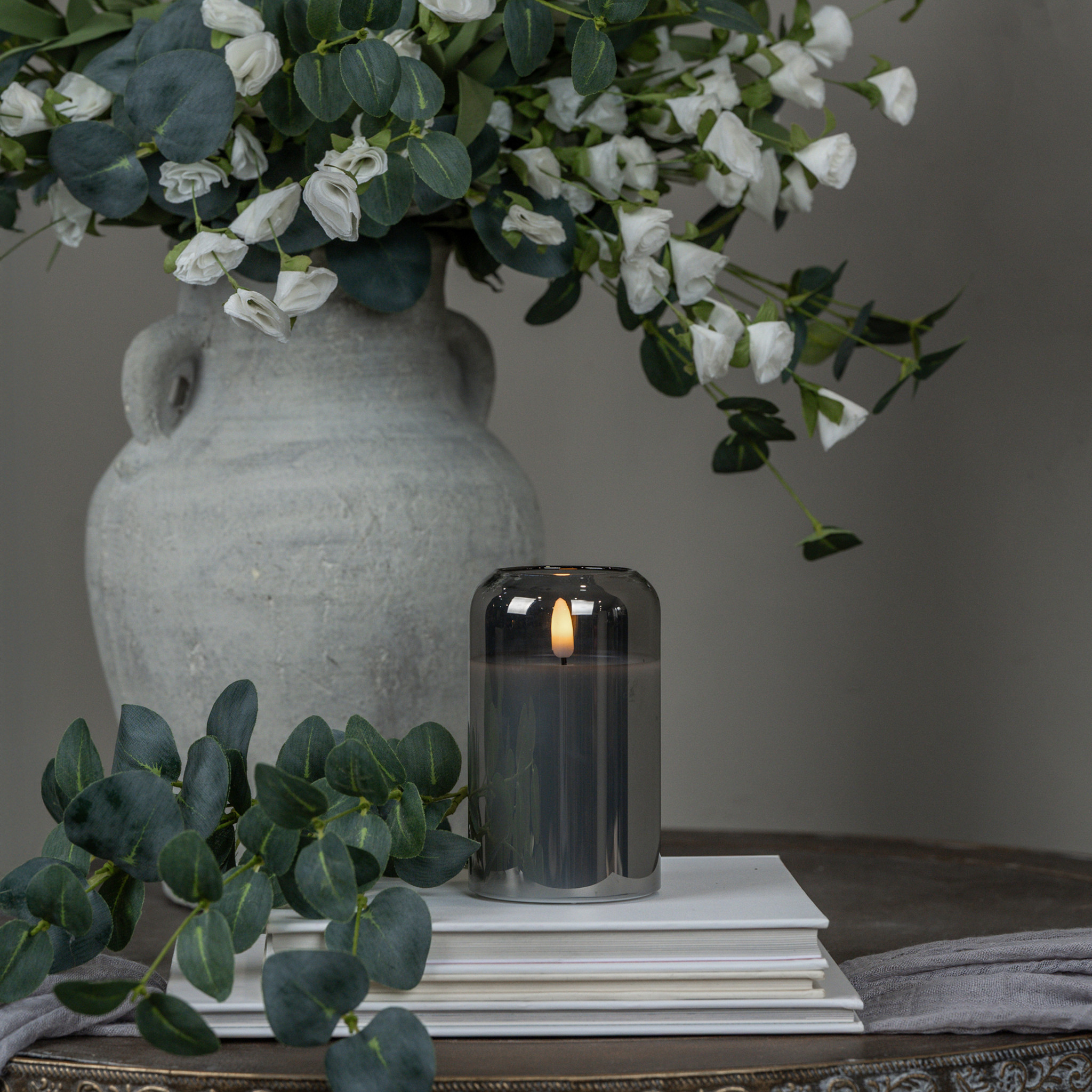 Flameless Arched Charcoal Glass Candle, 5"