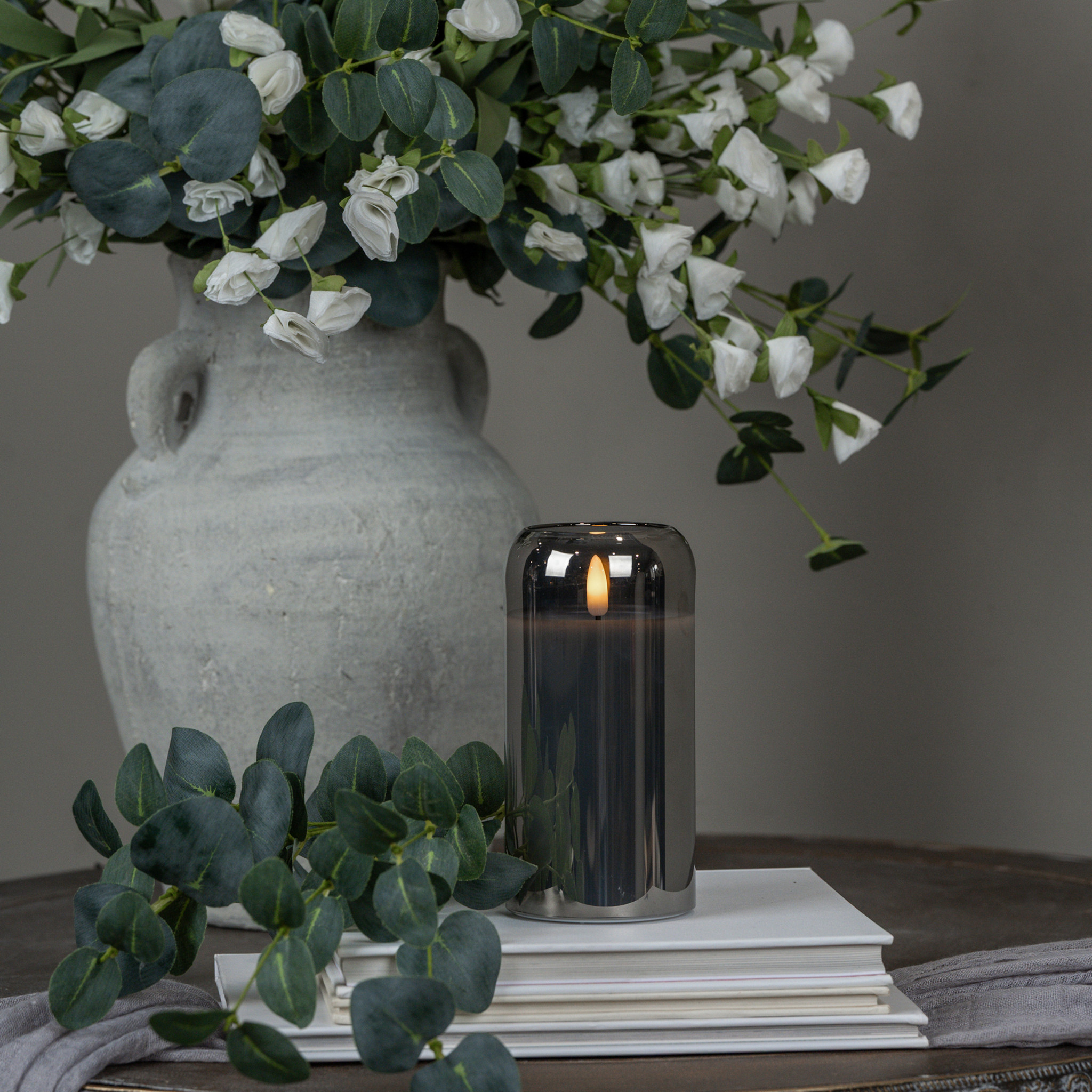 Flameless Arched Charcoal Glass Candle, 6"