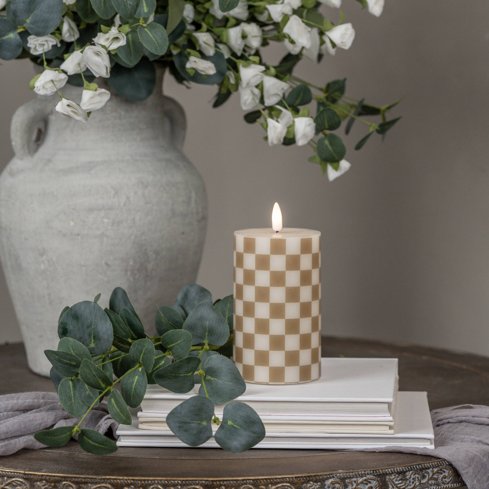 Flameless Gold Checked Pillar Candle, 5"