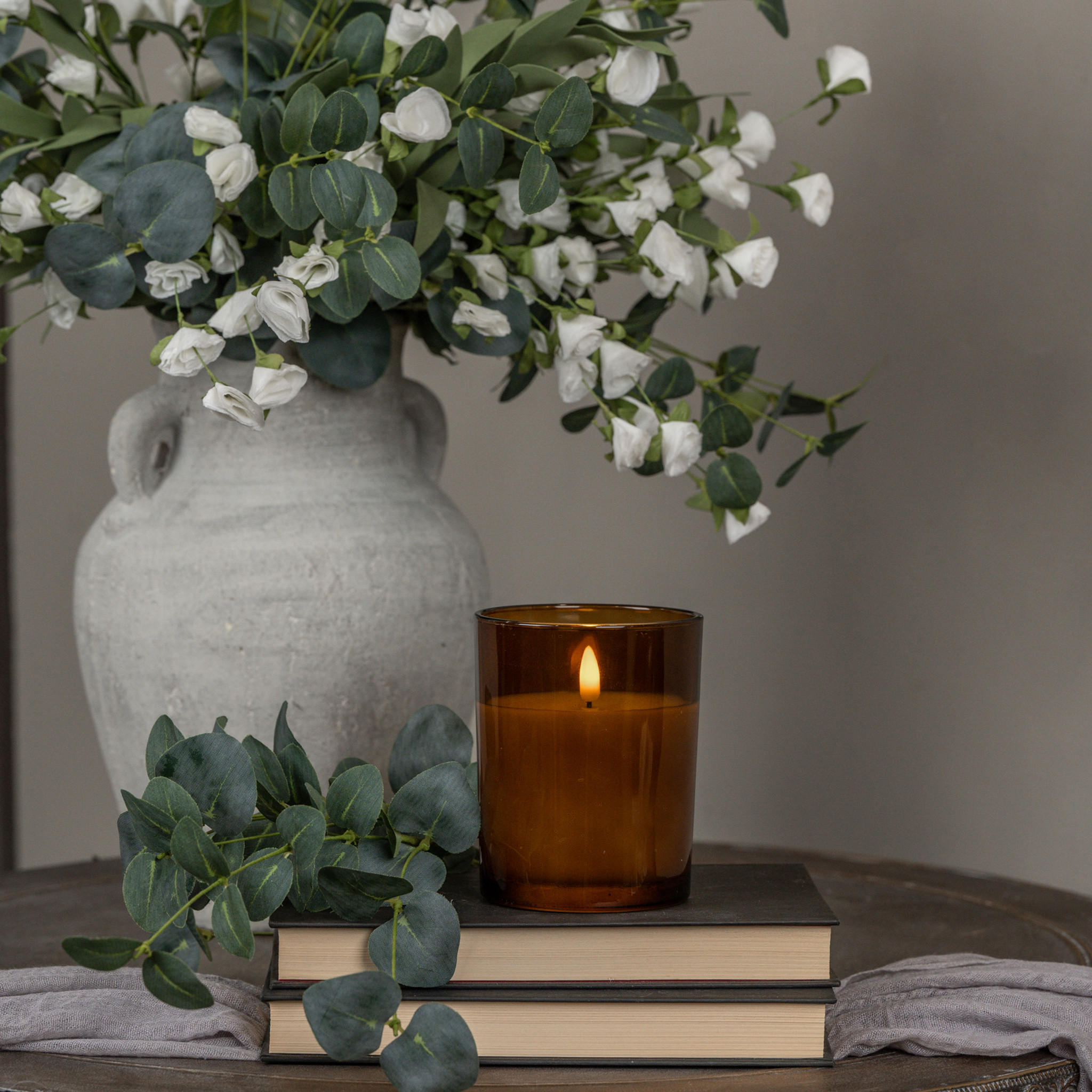 Flameless Amber Thick Glass Candle, 5"