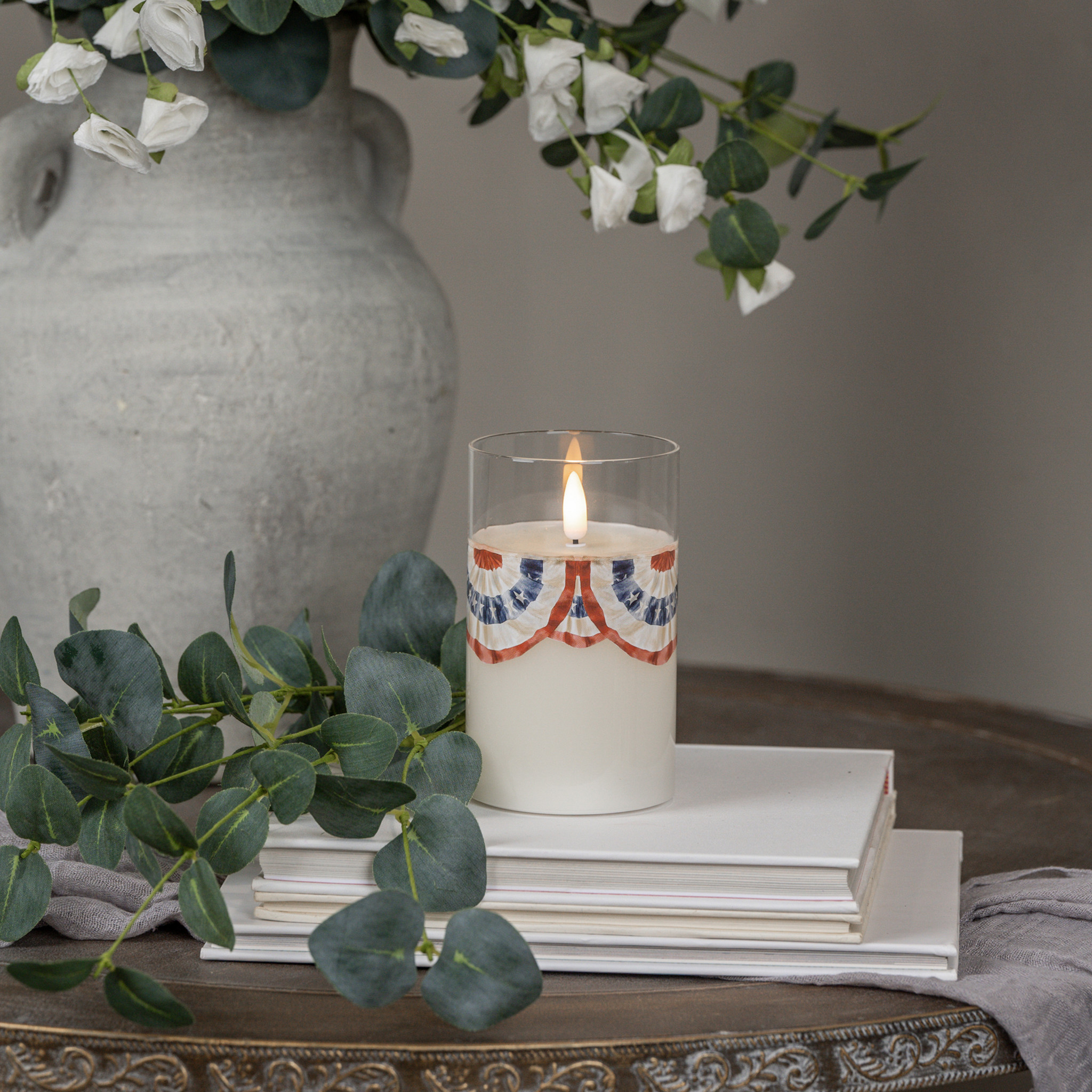 Flameless Patriotic Bunting Glass Candle, 5"