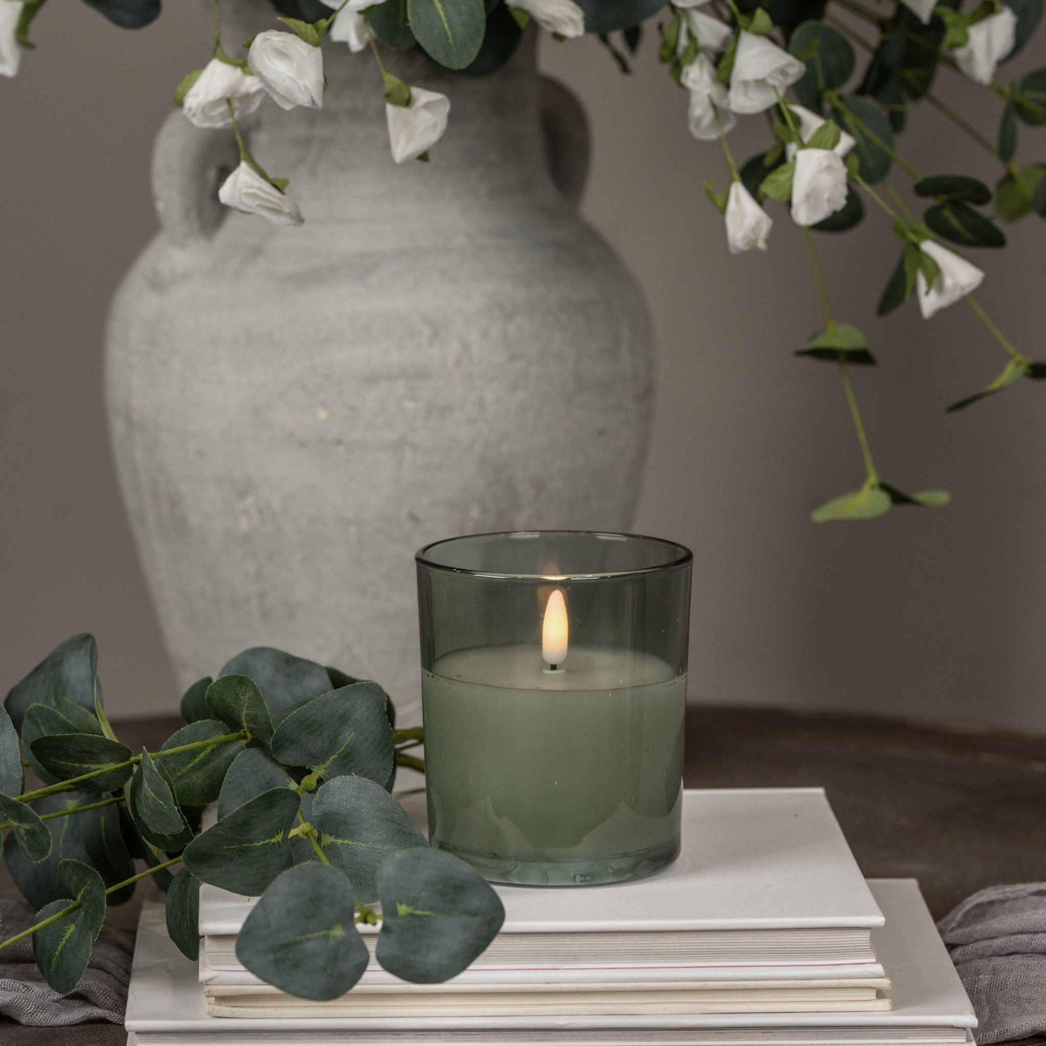 Flameless Green Thick Glass Candle, 4"