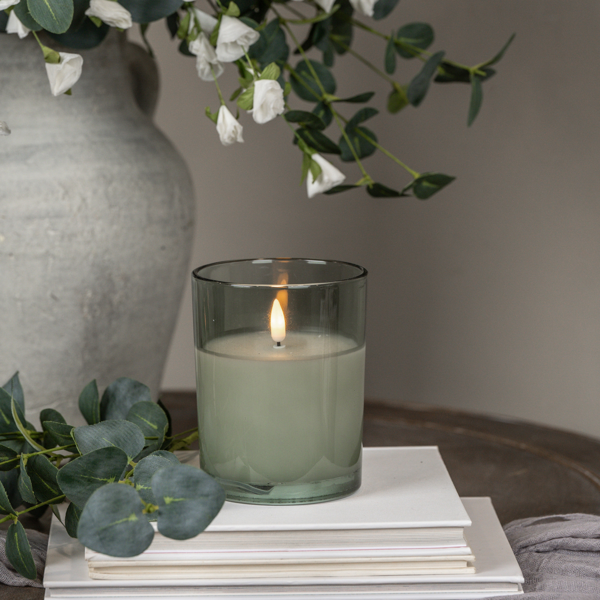 Flameless Green Thick Glass Candle, 5"