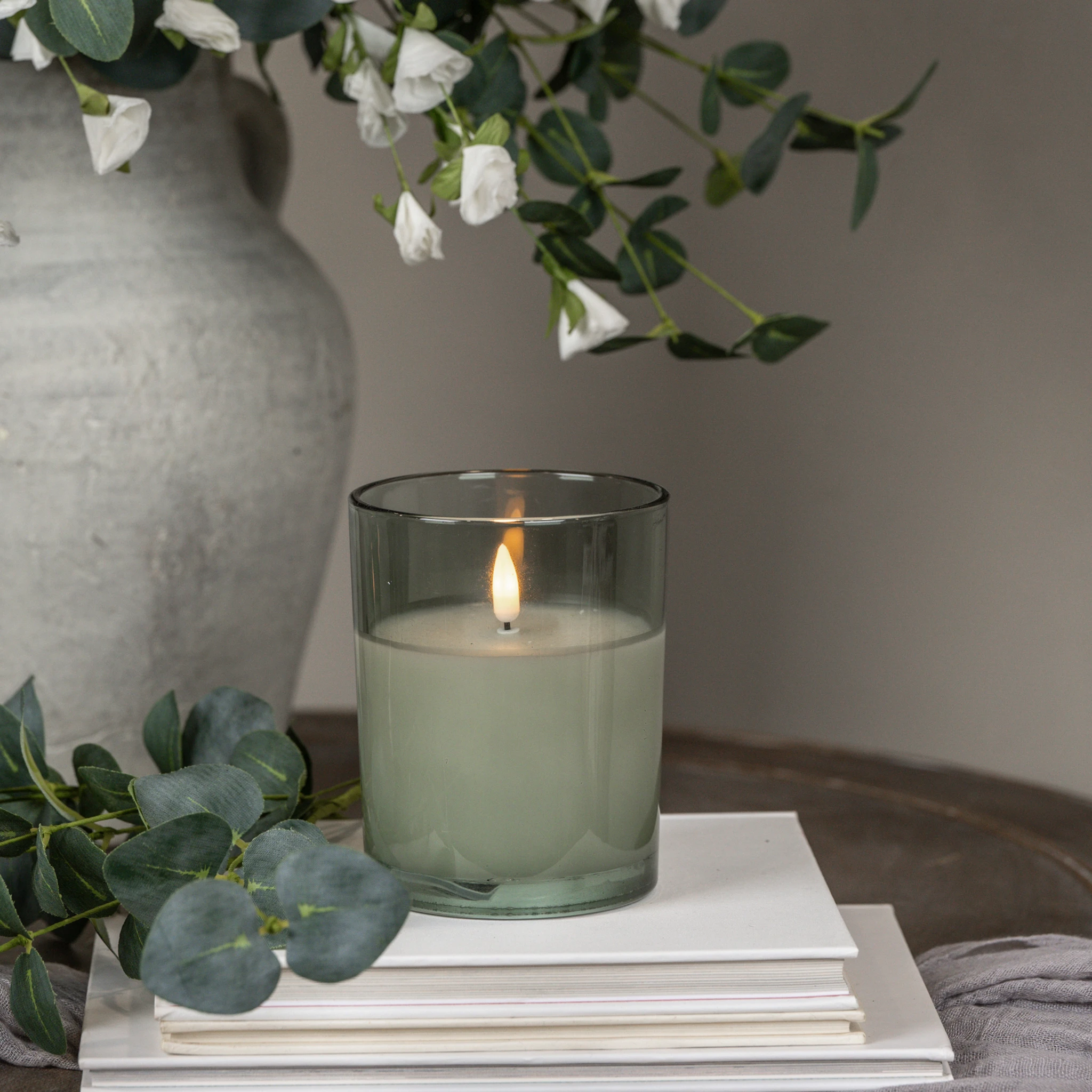 Flameless Green Thick Glass Candle, 5"