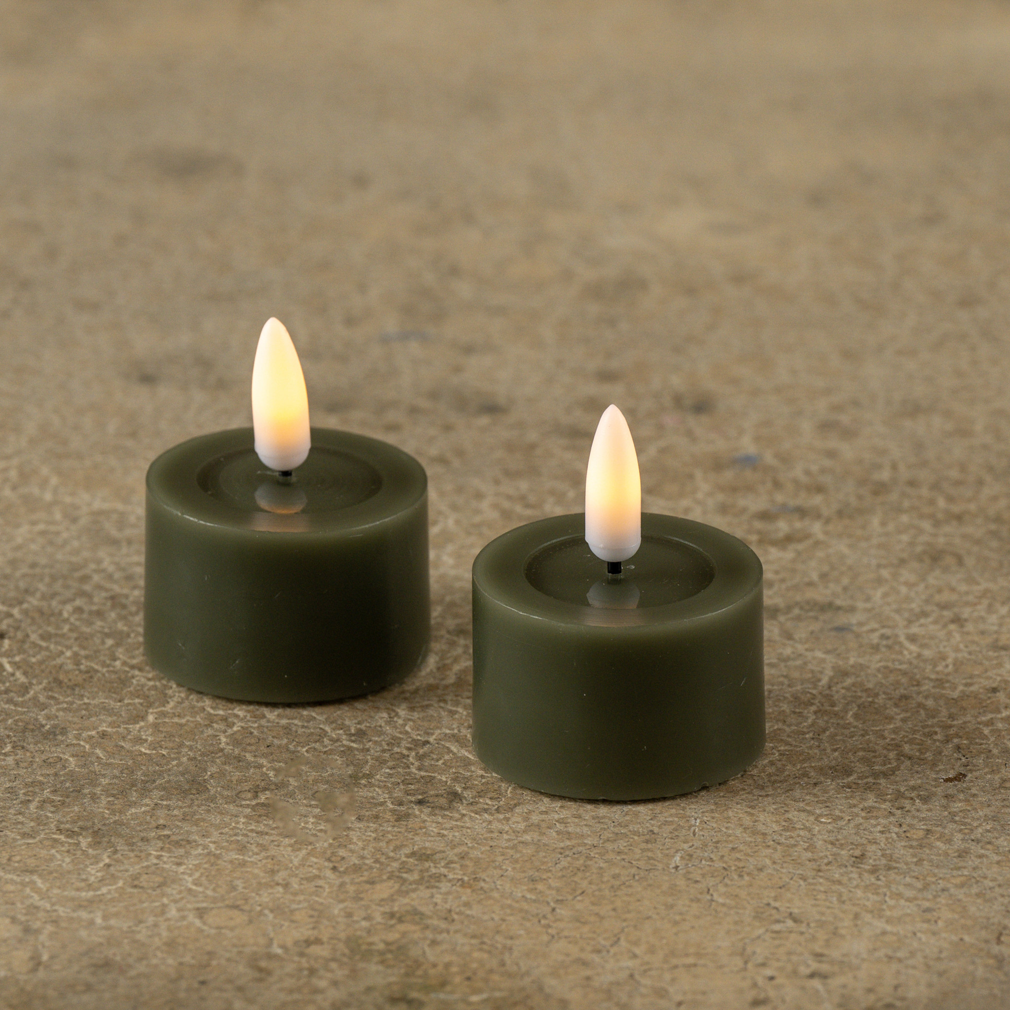 Flameless Dark Green Melted-Edge Tealights, Set of 2