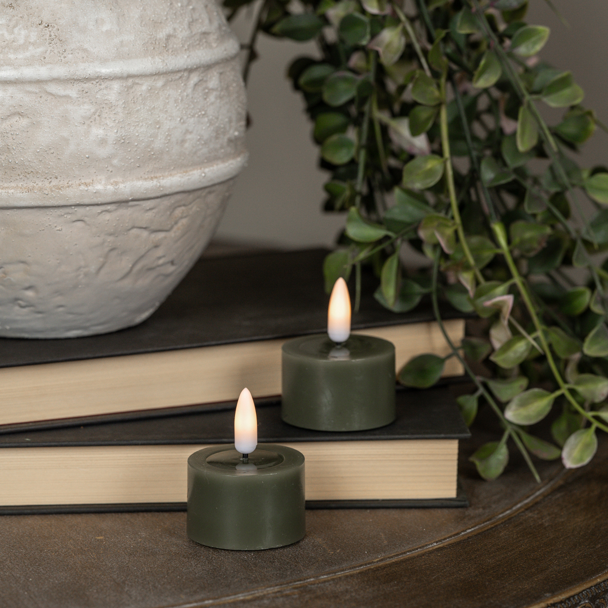 Flameless Dark Green Melted-Edge Tealights, Set of 2