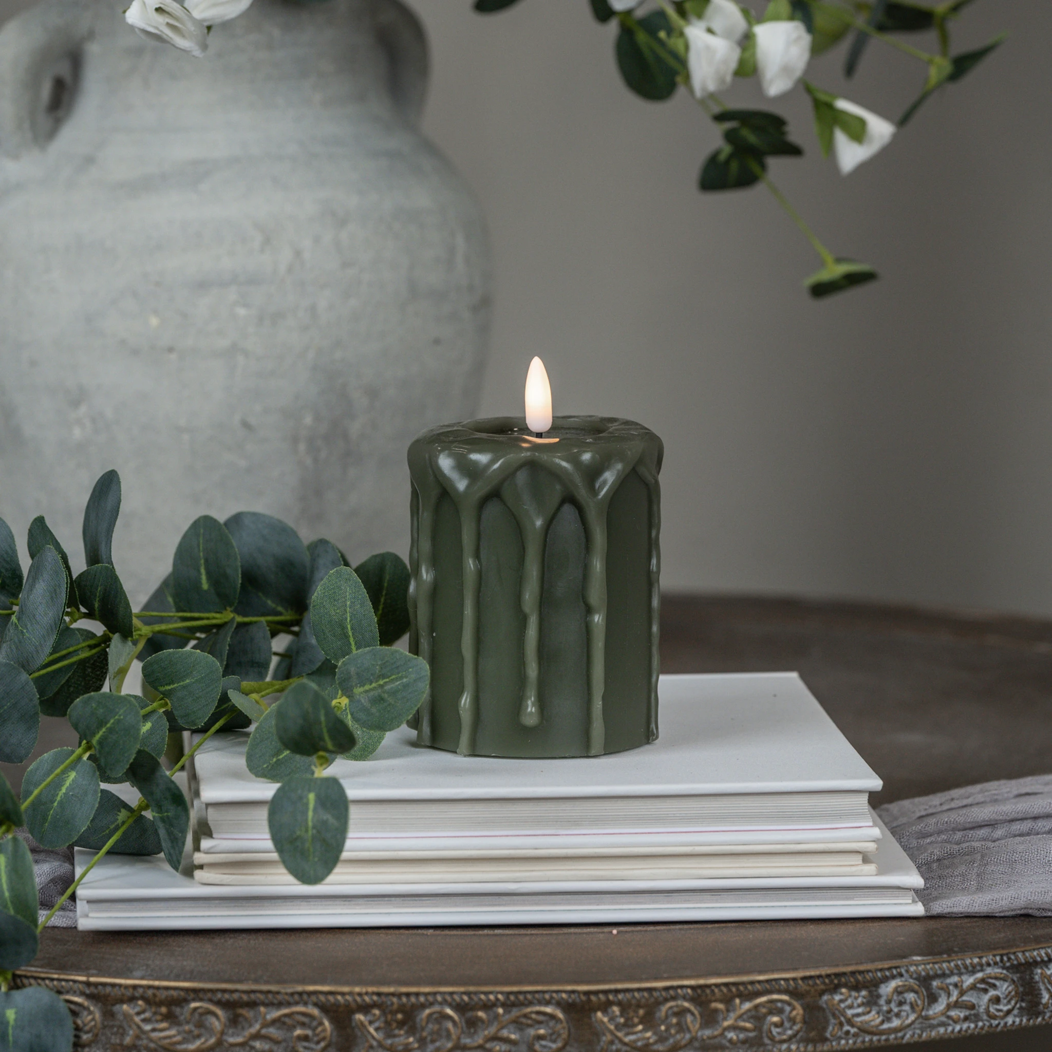 Flameless Dark Green Pillar Candle, 4"