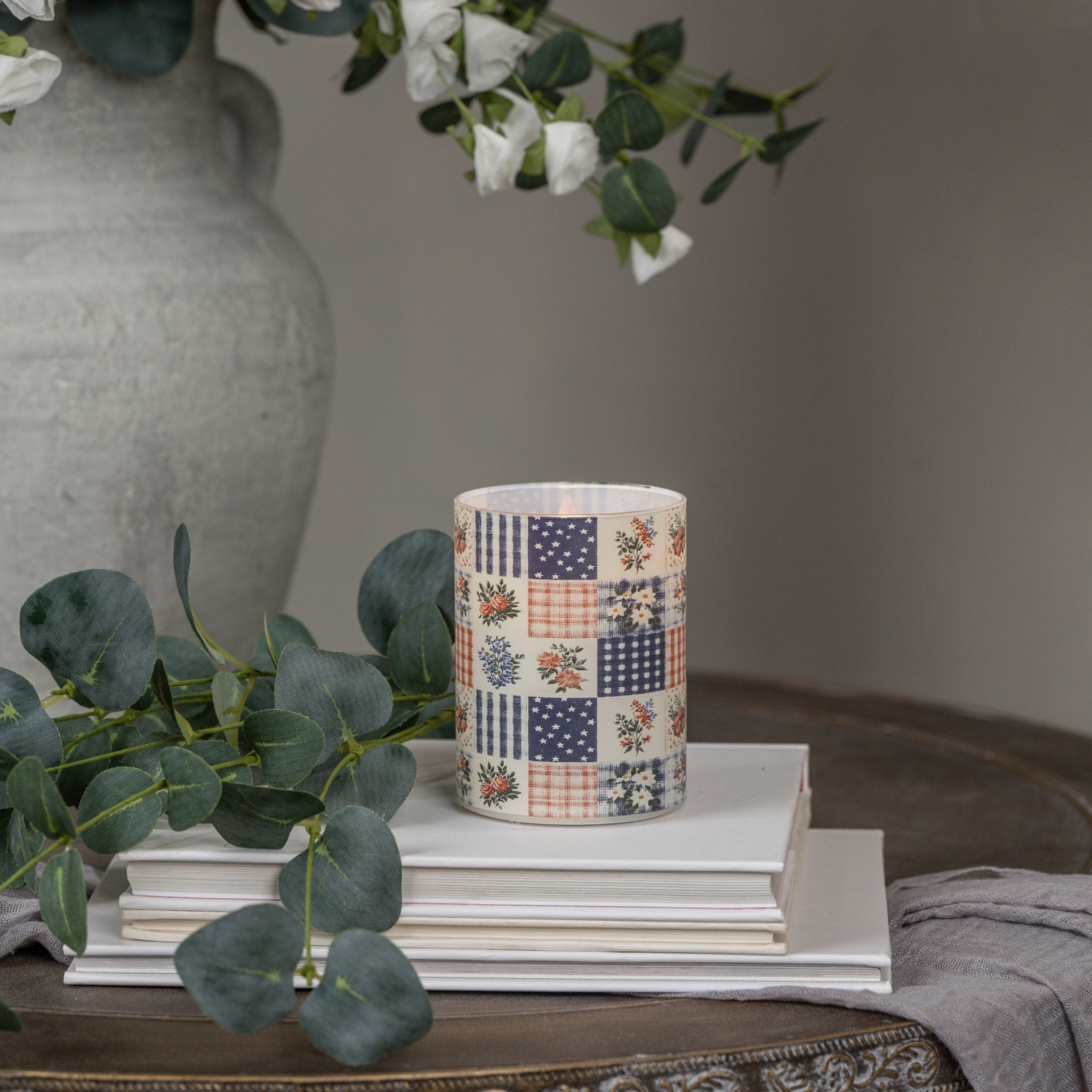 Flameless Patchwork Glass Candle, 4"