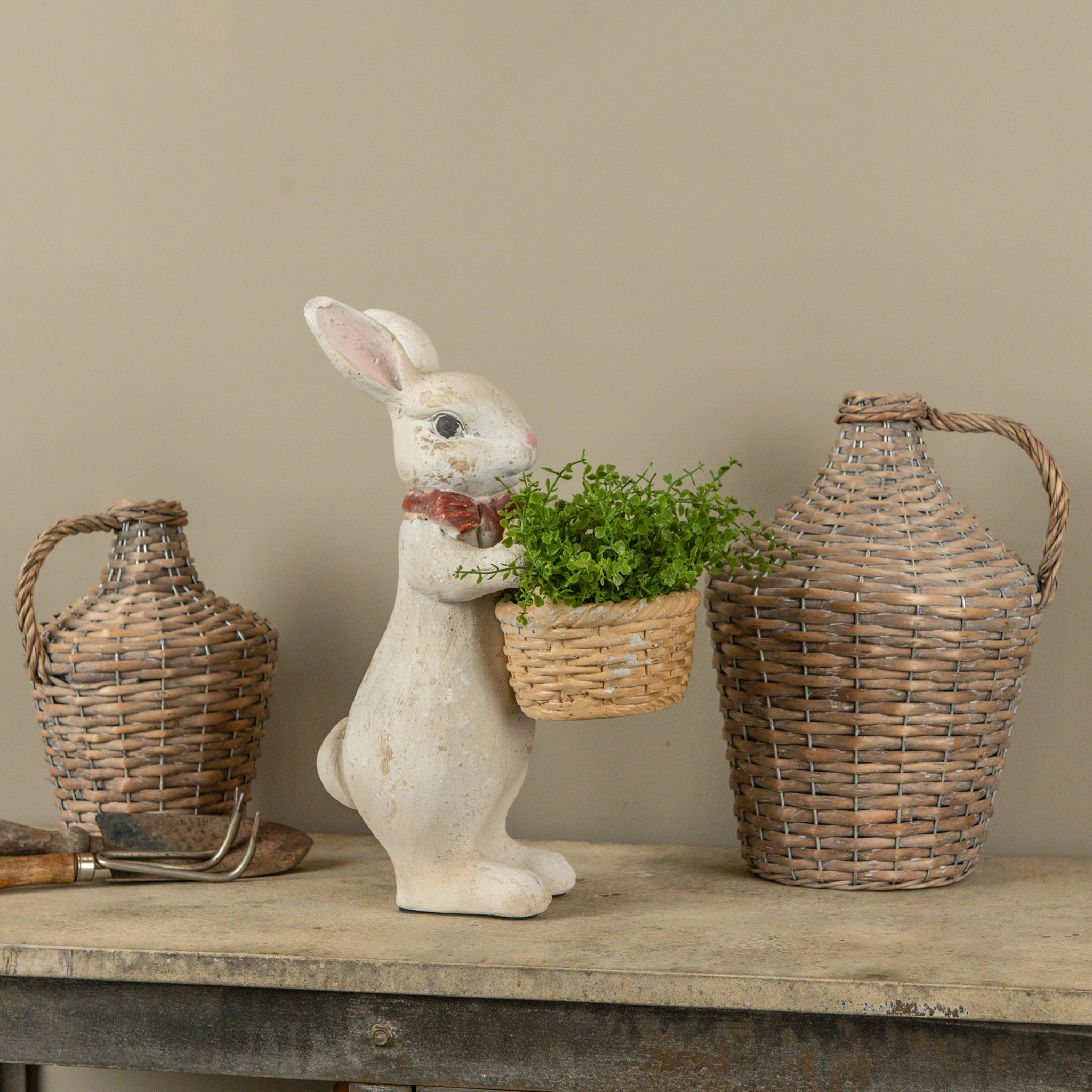 Textured Bunny with Red Bow & Basket, 16"