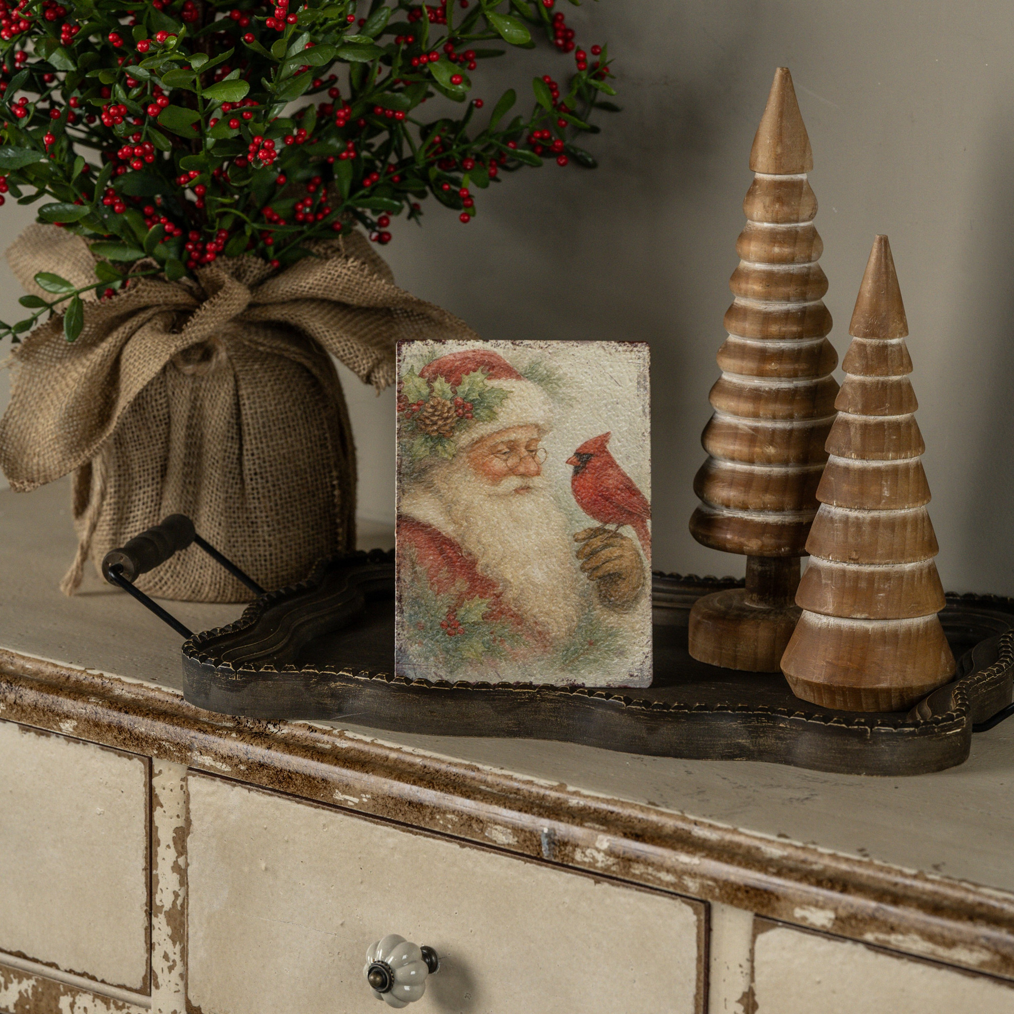 Santa with Cardinal Tabletop Sign, 7"