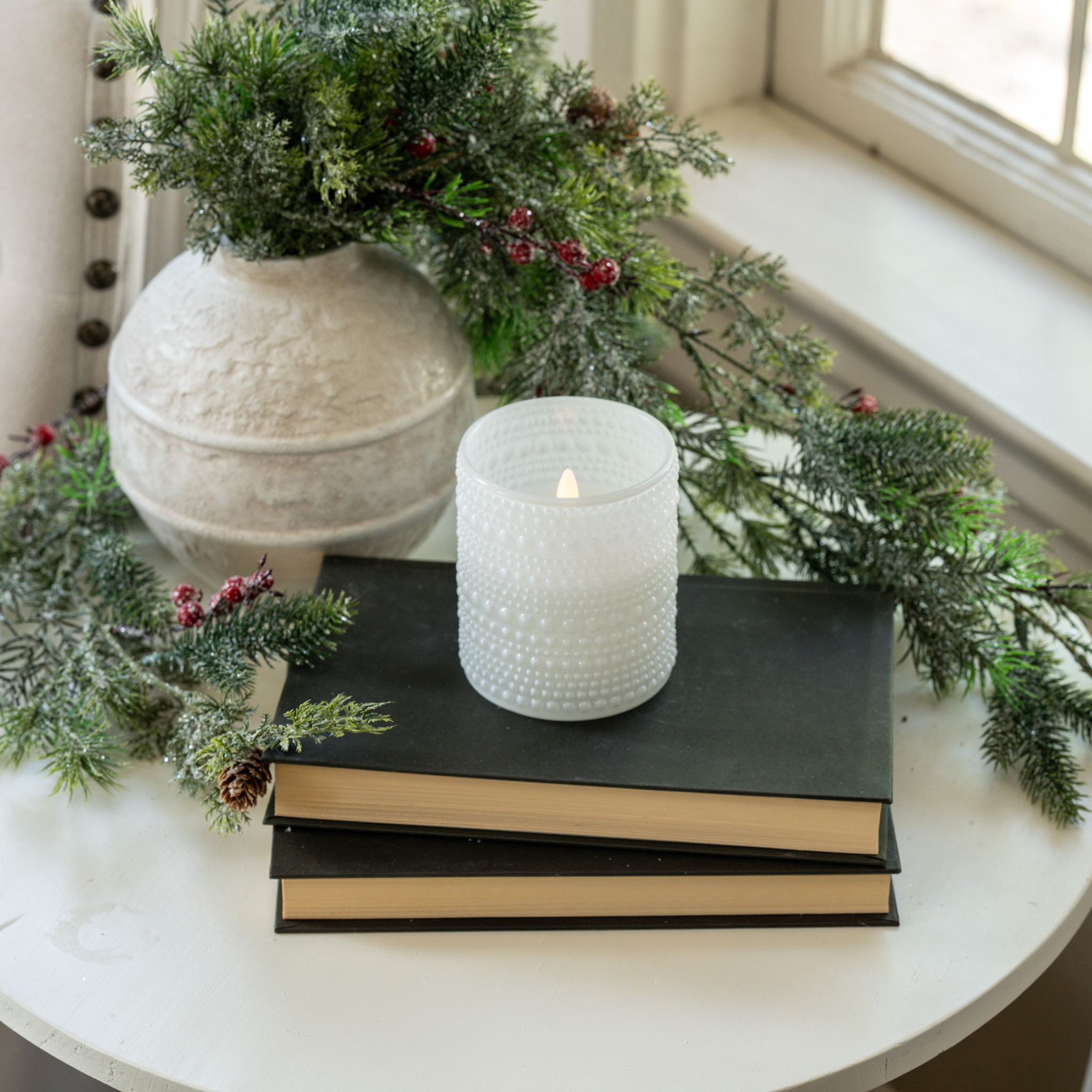 Flameless White Dotted Glass Candle, 4"