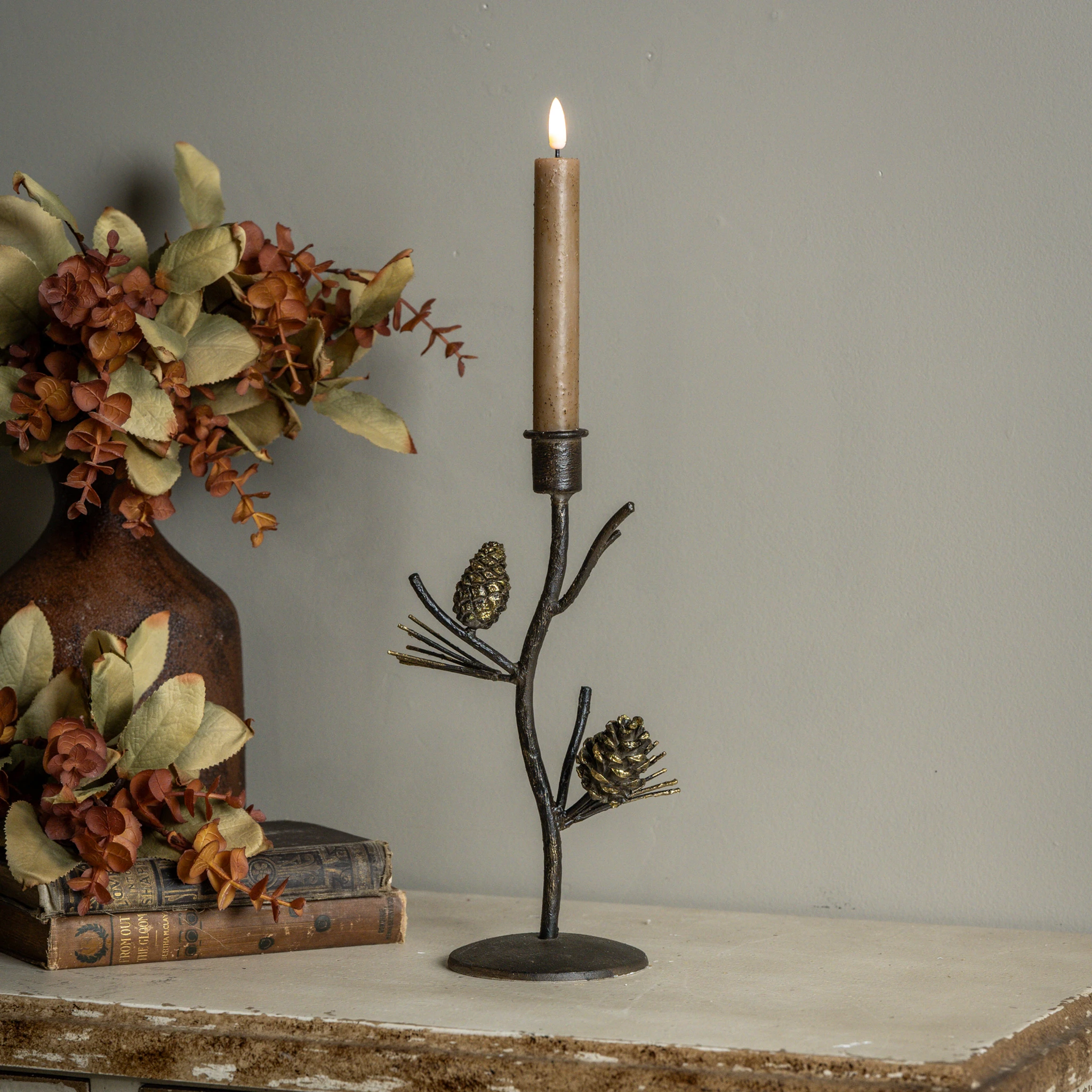 Pinecone Branch Taper Candle Holder