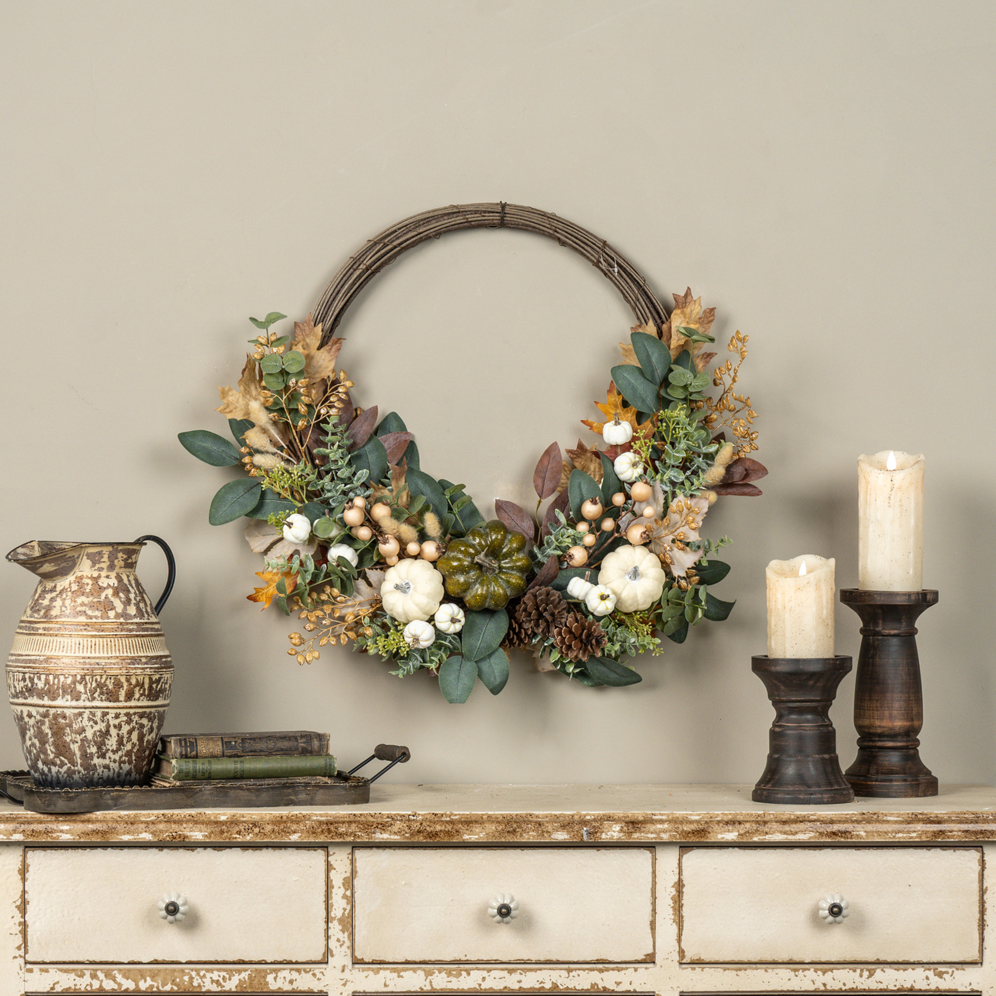 Pumpkin, Eucalyptus, Pinecones & Berries Twig Wreath, 26"