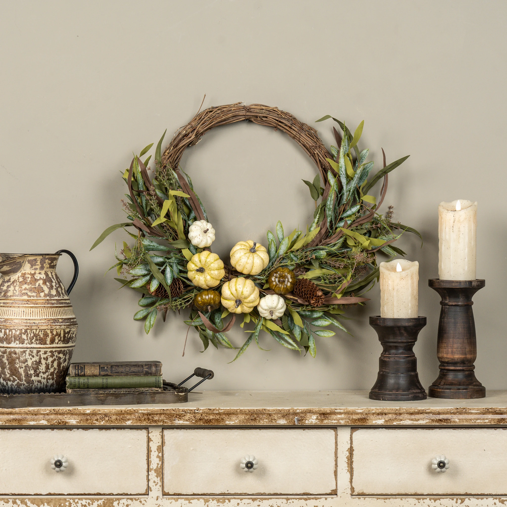 Cream Pumpkin & Foliage Wreath, 28"