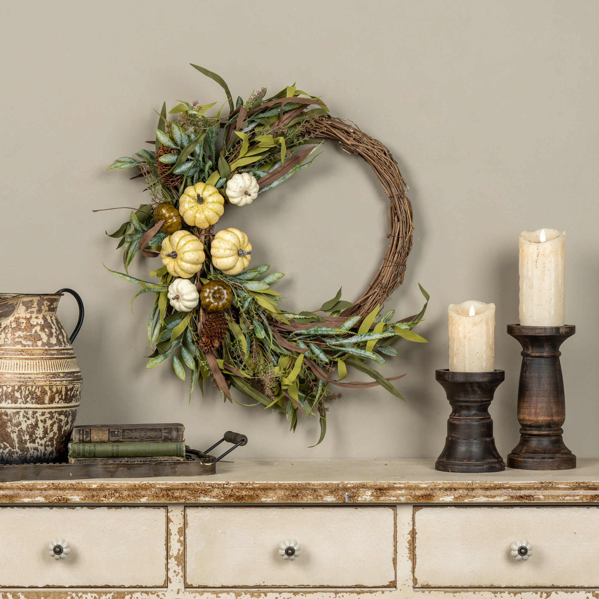 Cream Pumpkin & Foliage Wreath, 28", photo 4 of 4