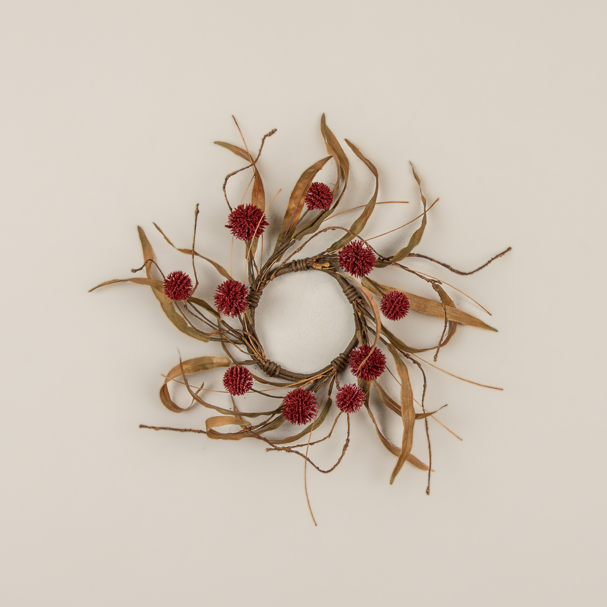 Burgundy Pom Pom & Faux Twig Candle Ring, 12", photo 2 of 2