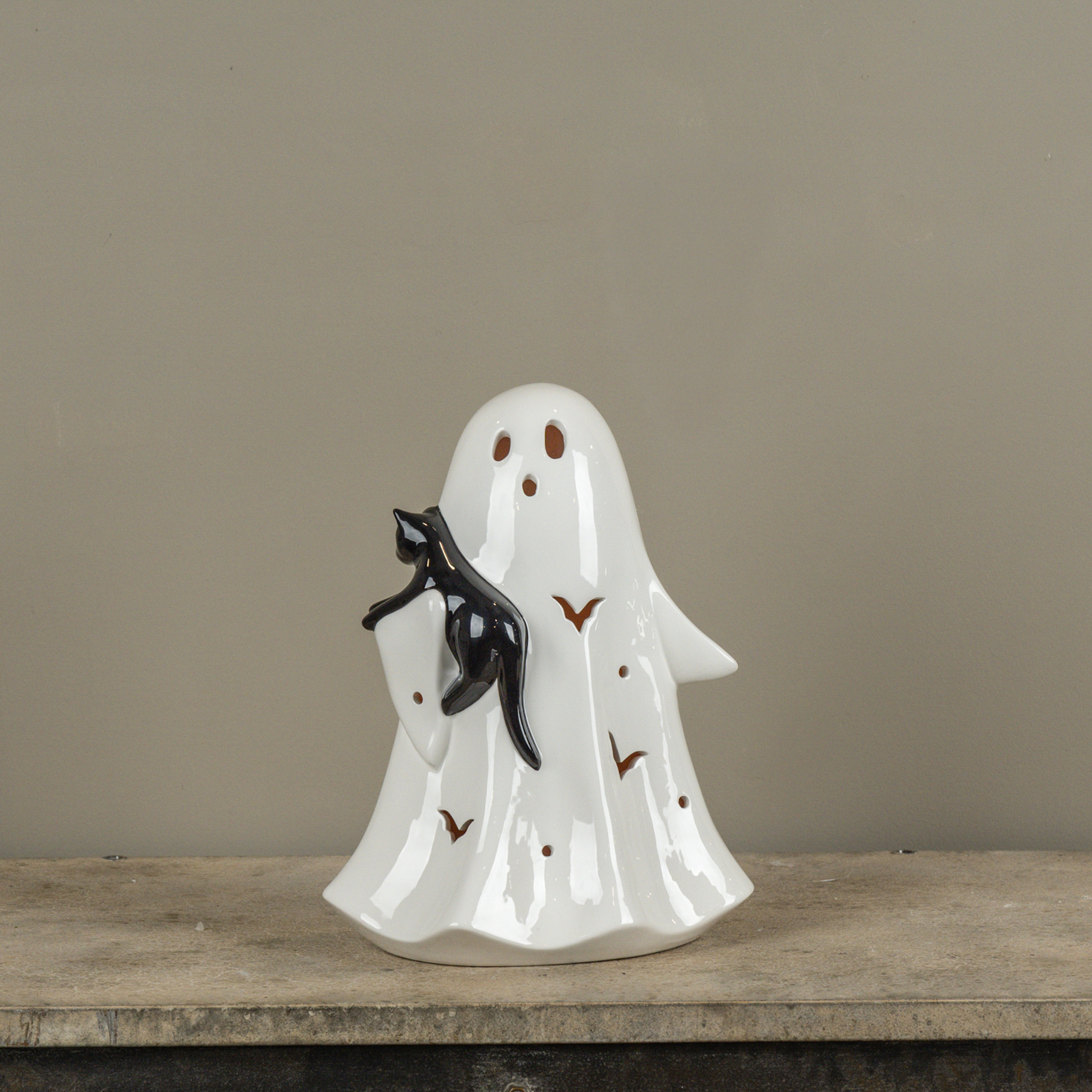 Ceramic LED Ghost with Black Cat, 12", photo 2 of 3