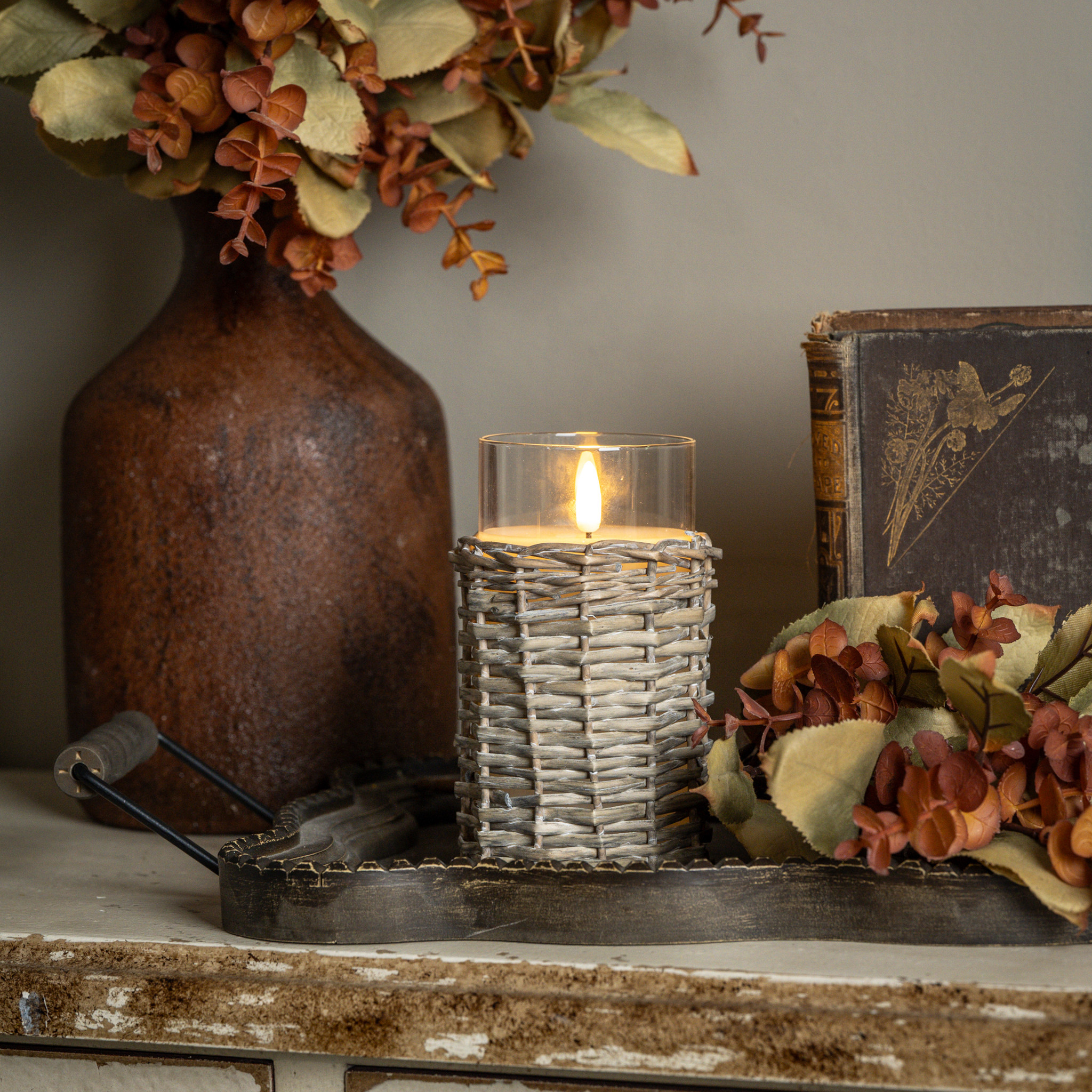Flameless Woven Wicker Glass Candle, 6"