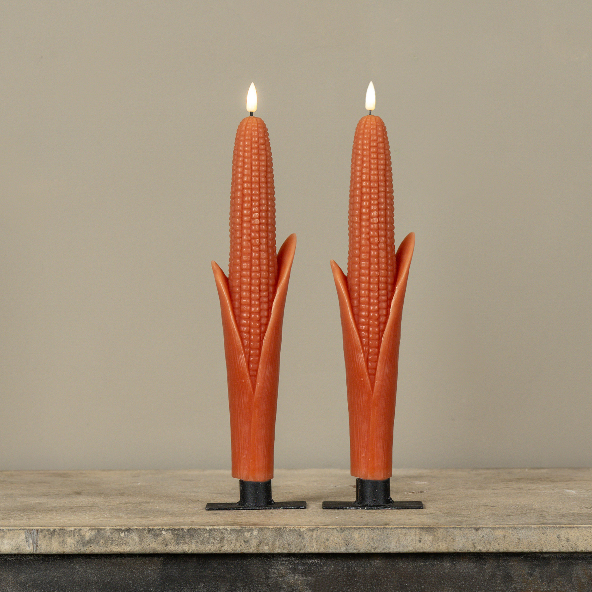Flameless Orange Corn Taper Candles, Set of 2, 12"