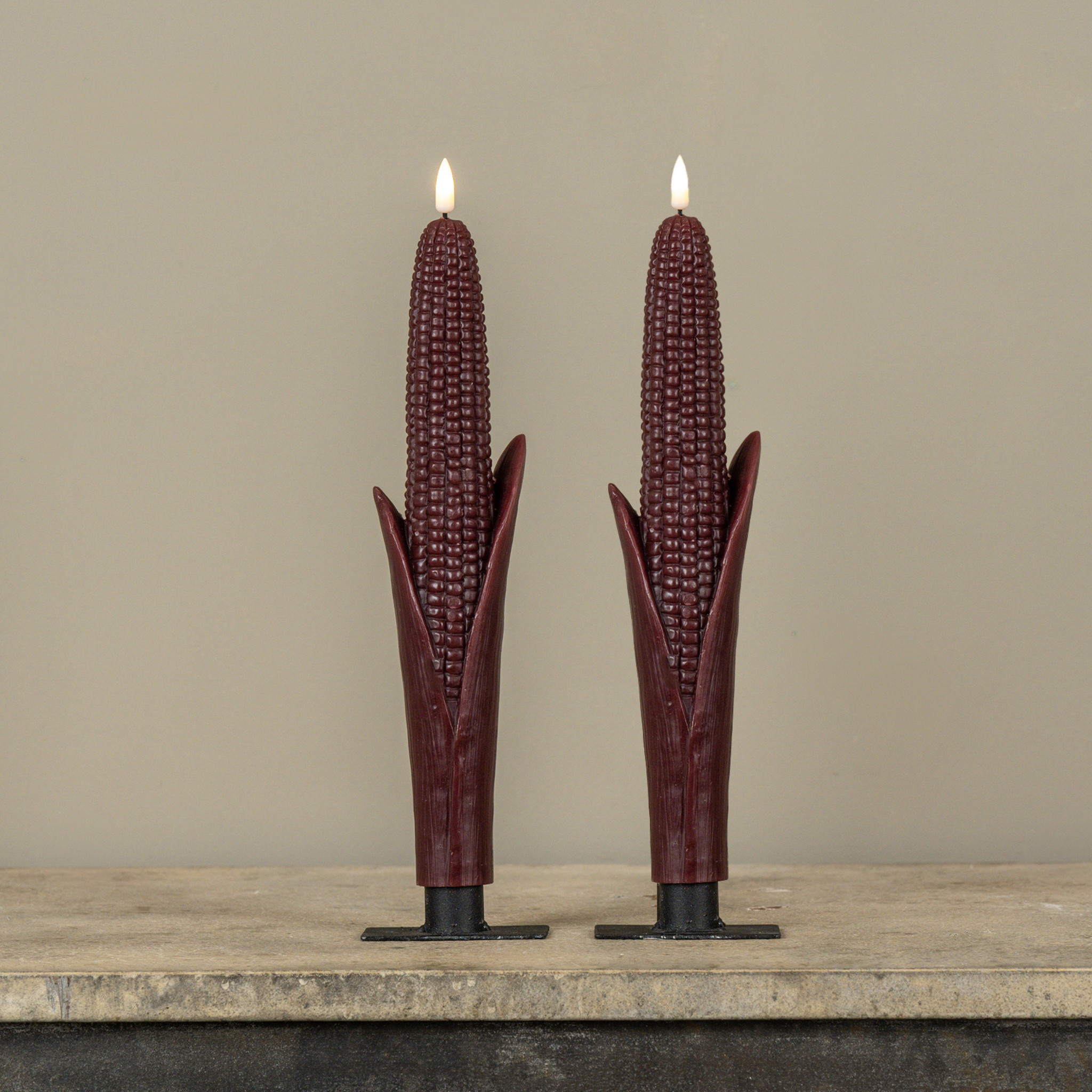 Flameless Burgundy Corn Taper Candles, Set of 2, 12"