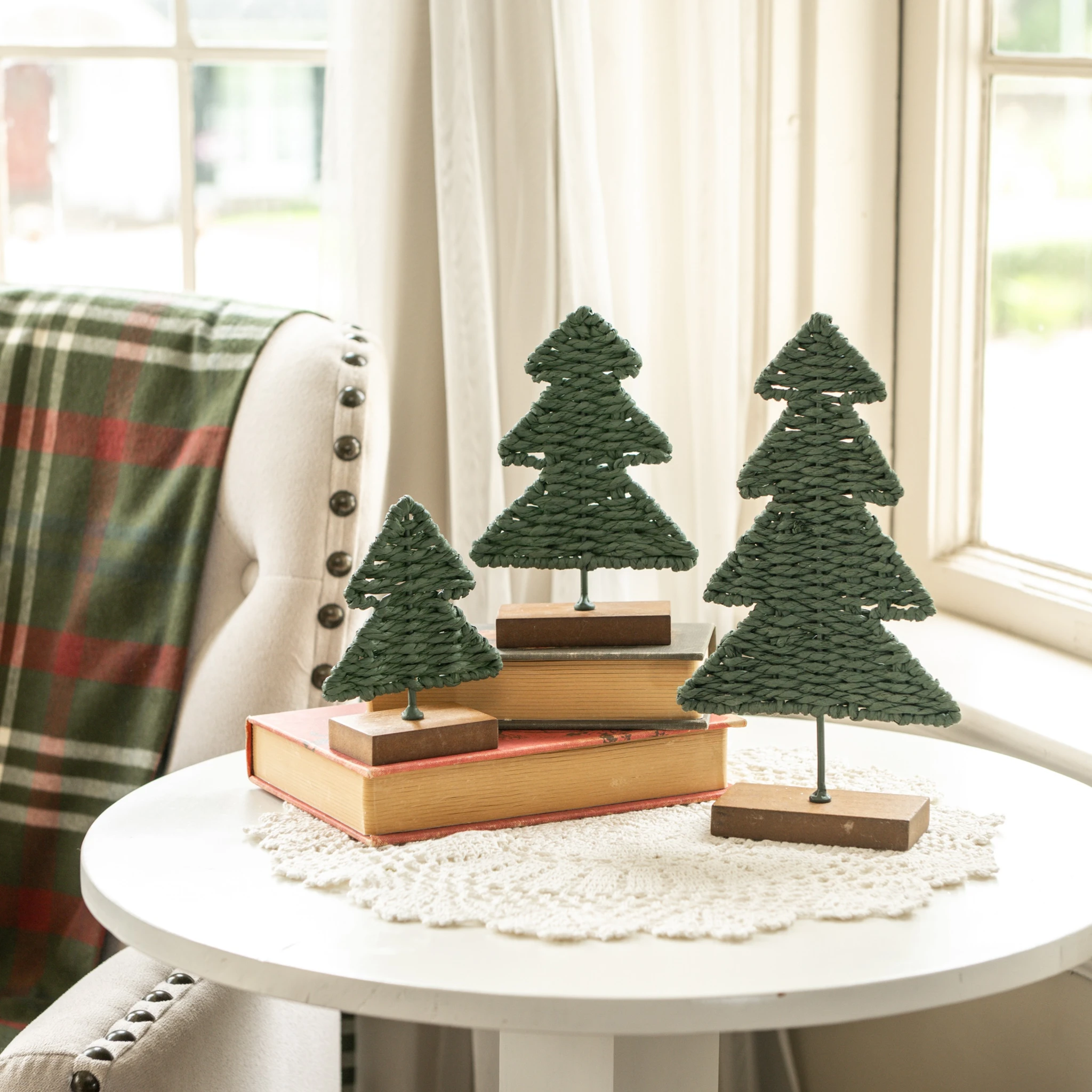 Green Rattan Trees, Set of 3