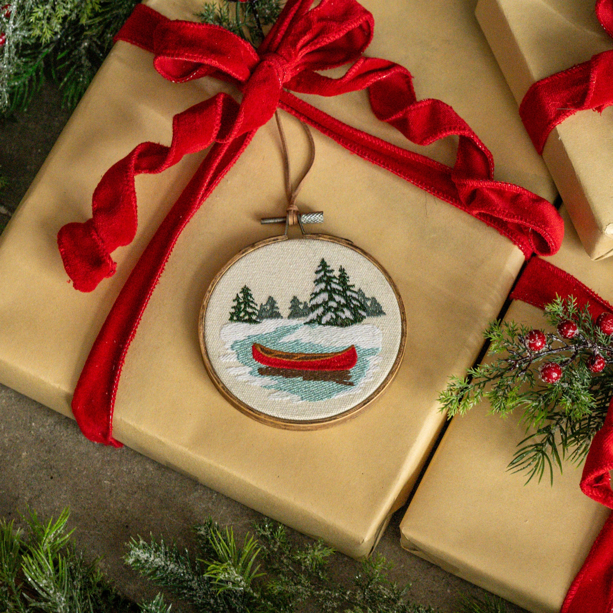 Winter Canoe Embroidered Ornament, 5"