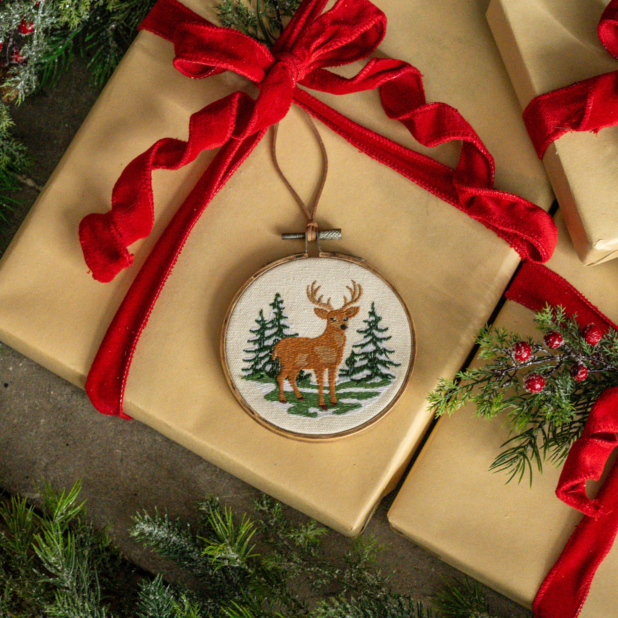 Winter Deer Embroidered Ornament, 5"