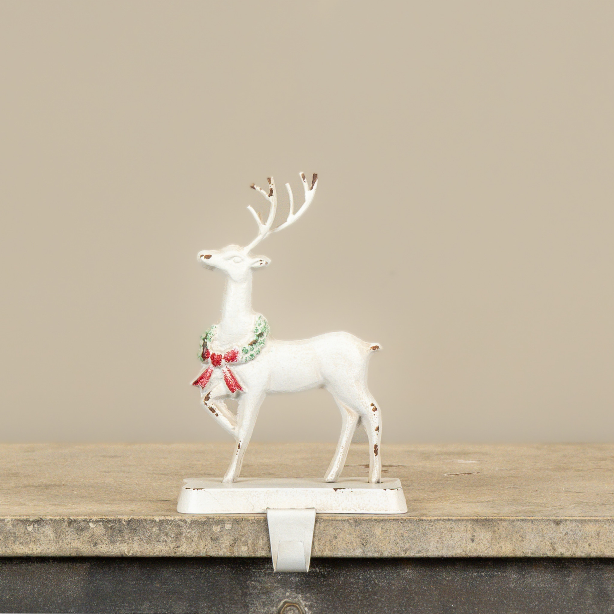 White Reindeer with Wreath Stocking Holder