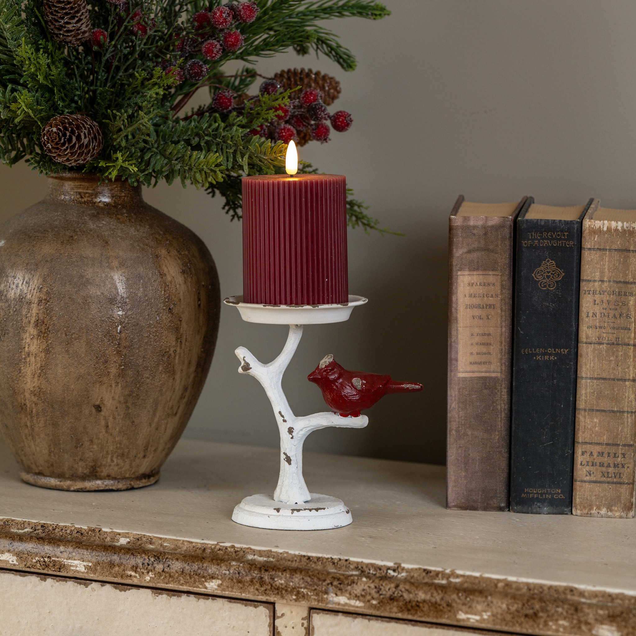 Cardinal on Branch Pillar Candle Holder
