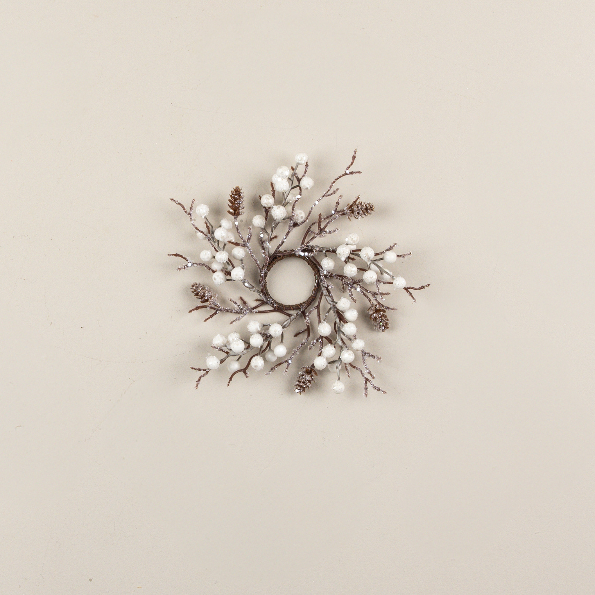 Frosted Twig & Pinecone with White Berries Taper Candle Ring, 8"