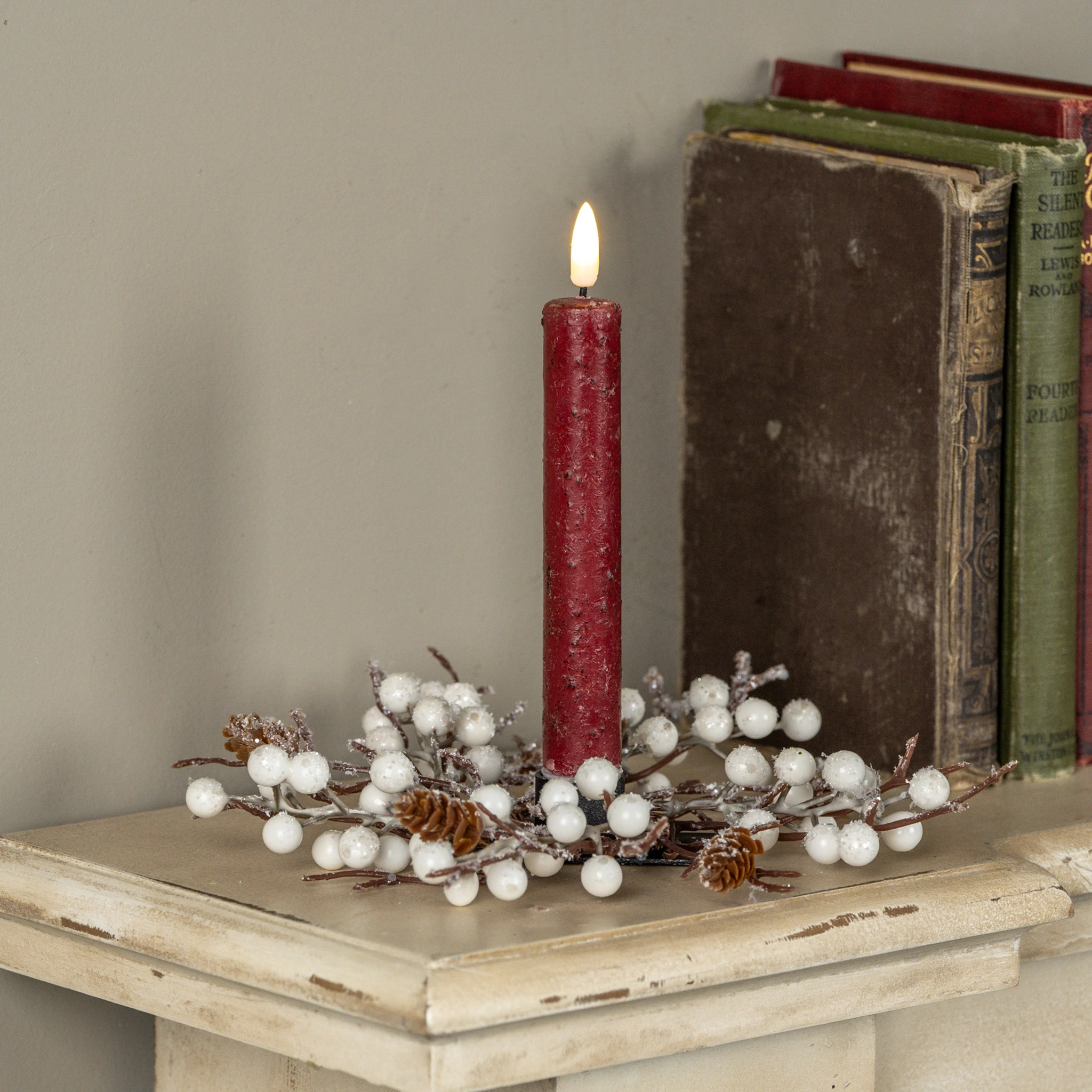 Frosted Twig & Pinecone with White Berries Taper Candle Ring, 8"