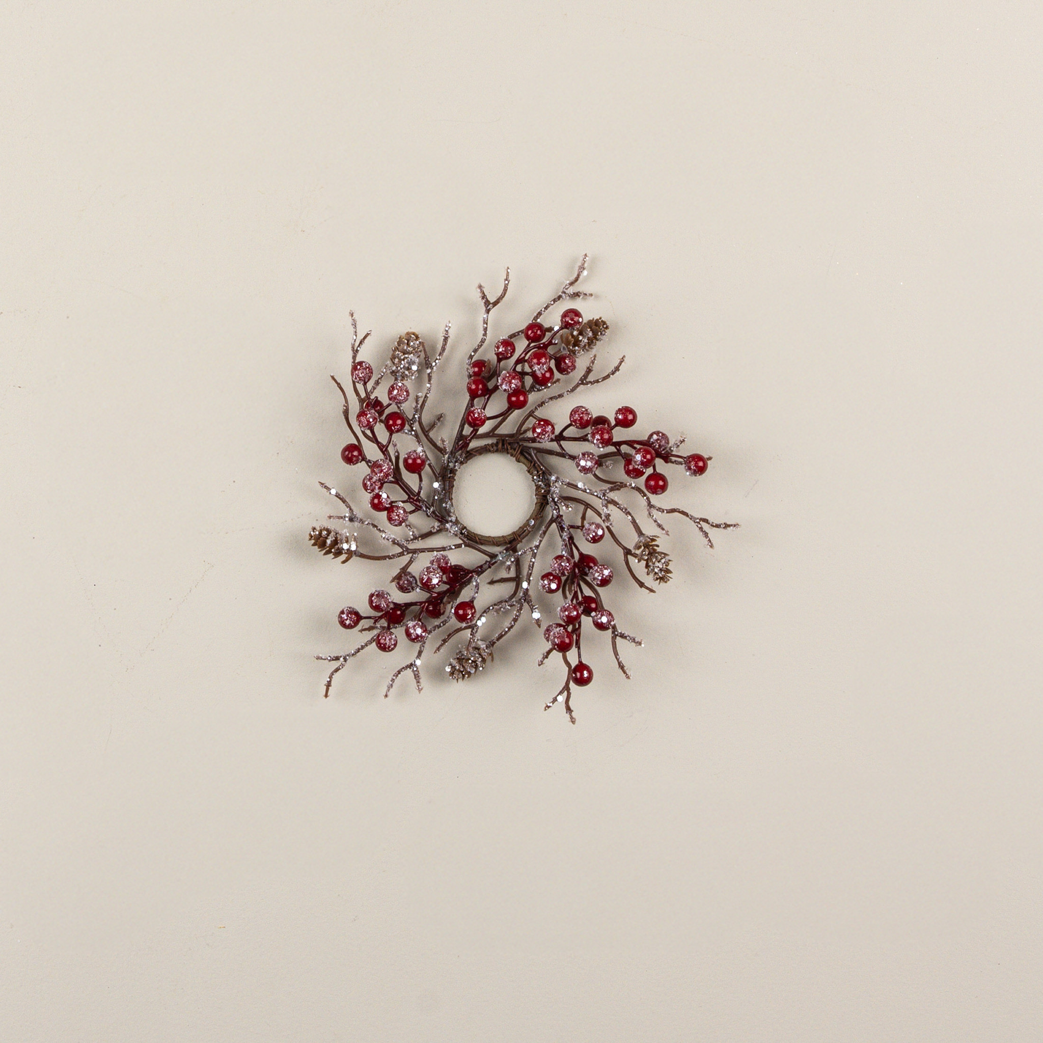 Frosted Twig & Pinecone with Red Berries Taper Candle Ring, 8"