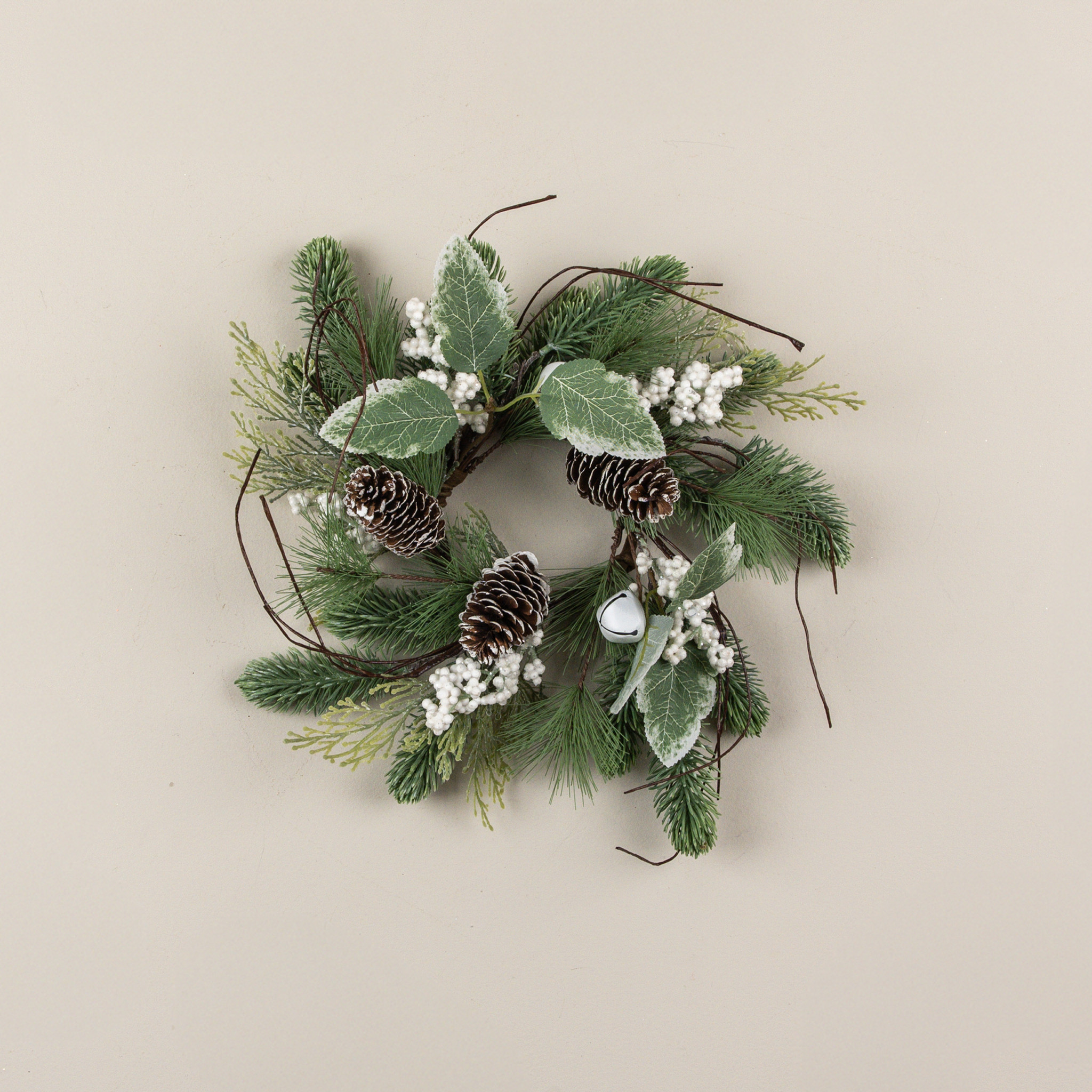 Pine with White Berries & Bells Candle Ring, 14"