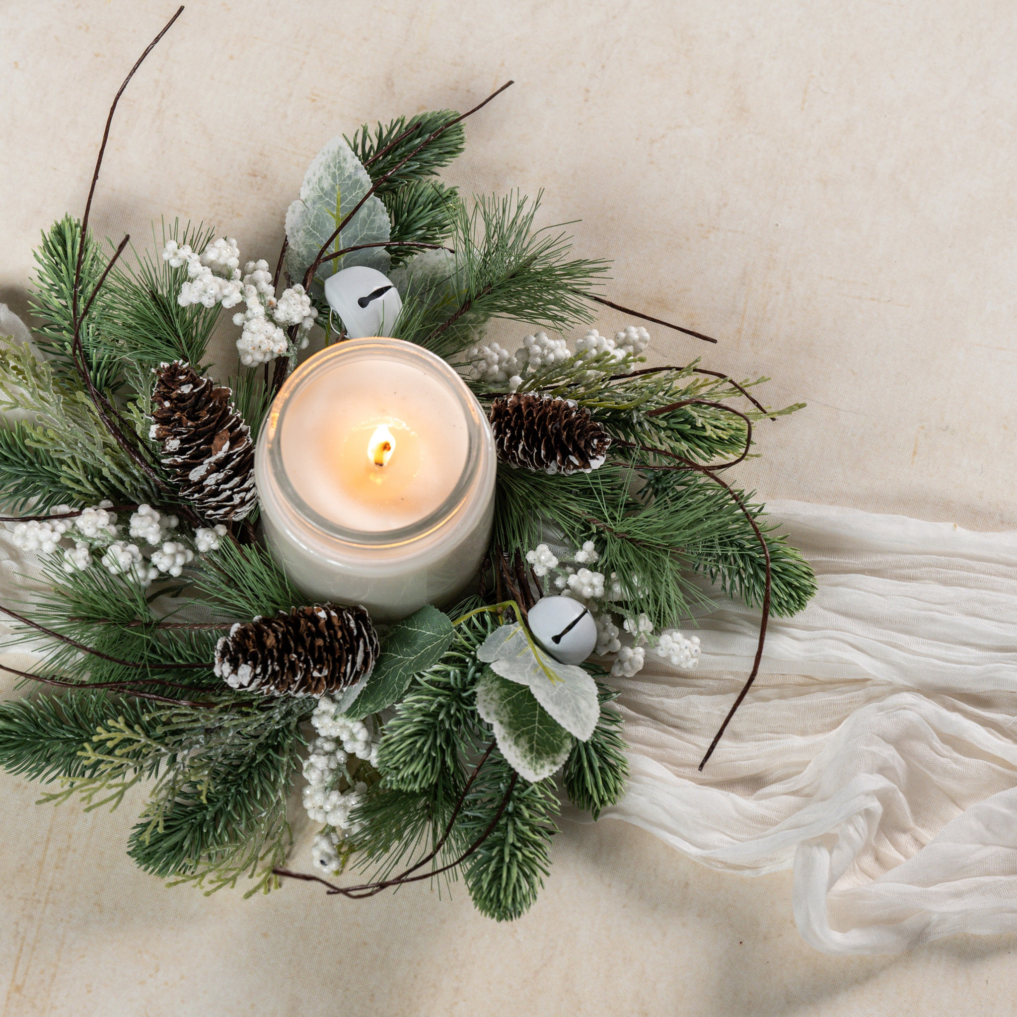 Pine with White Berries & Bells Candle Ring, 14"