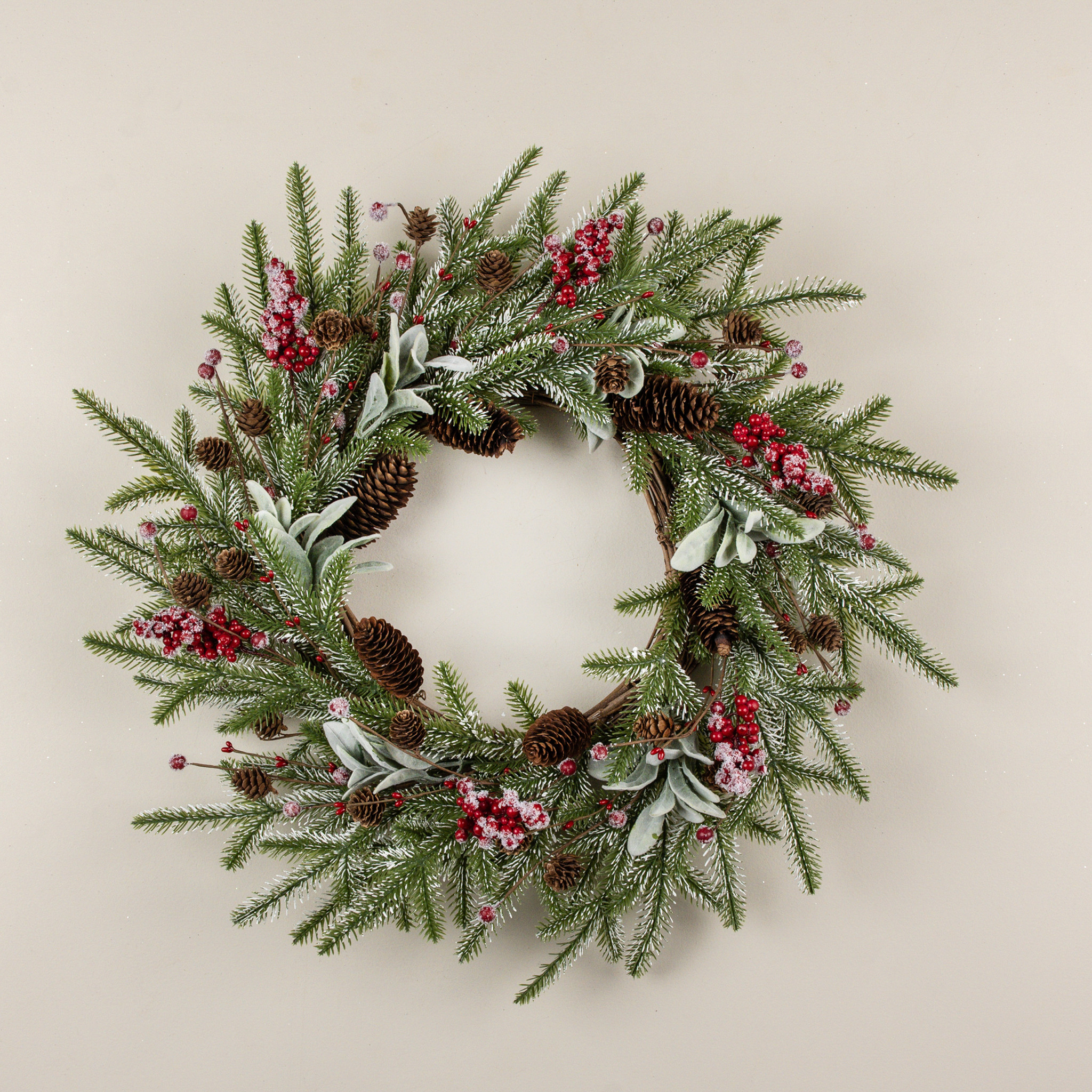 Snowy Pine, Lamb's Ear & Red Berry Wreath, 24", photo 3 of 4