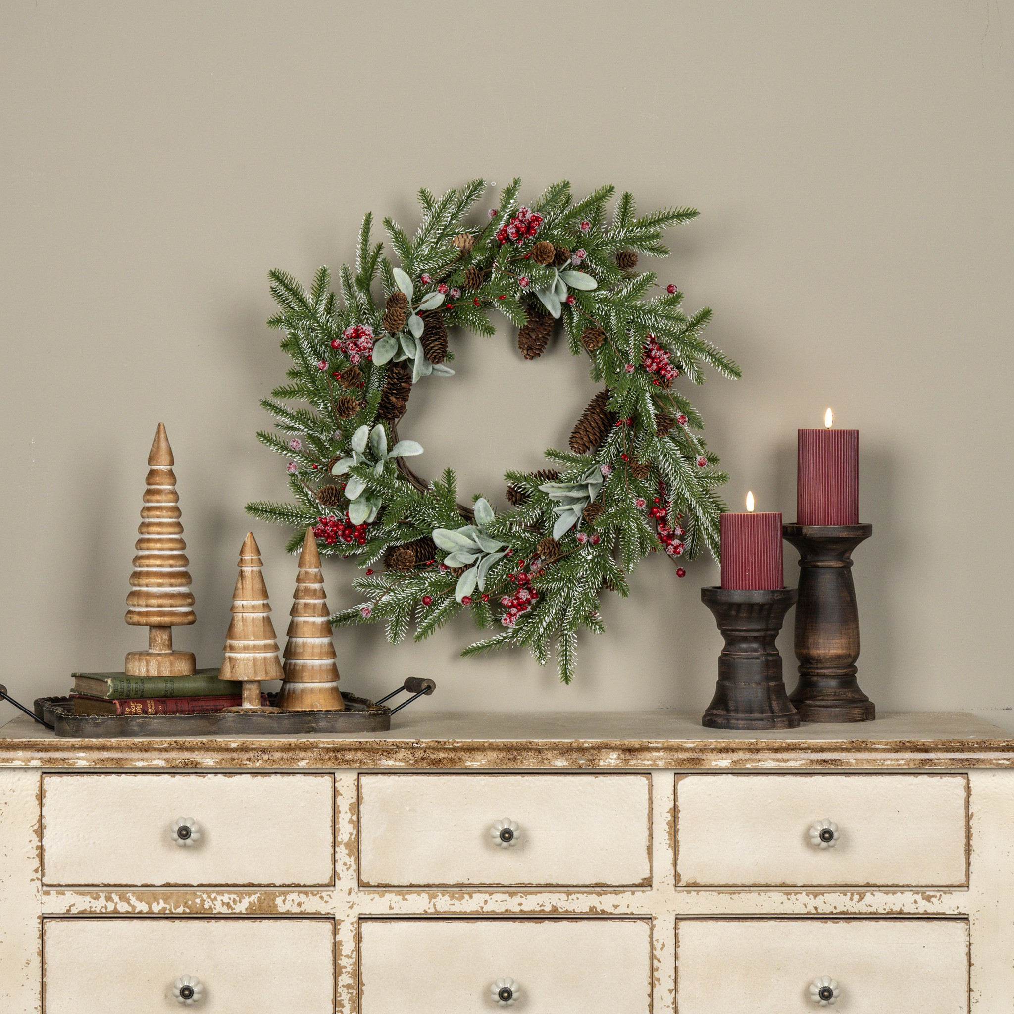 Snowy Pine, Lamb's Ear & Red Berry Wreath, 24"