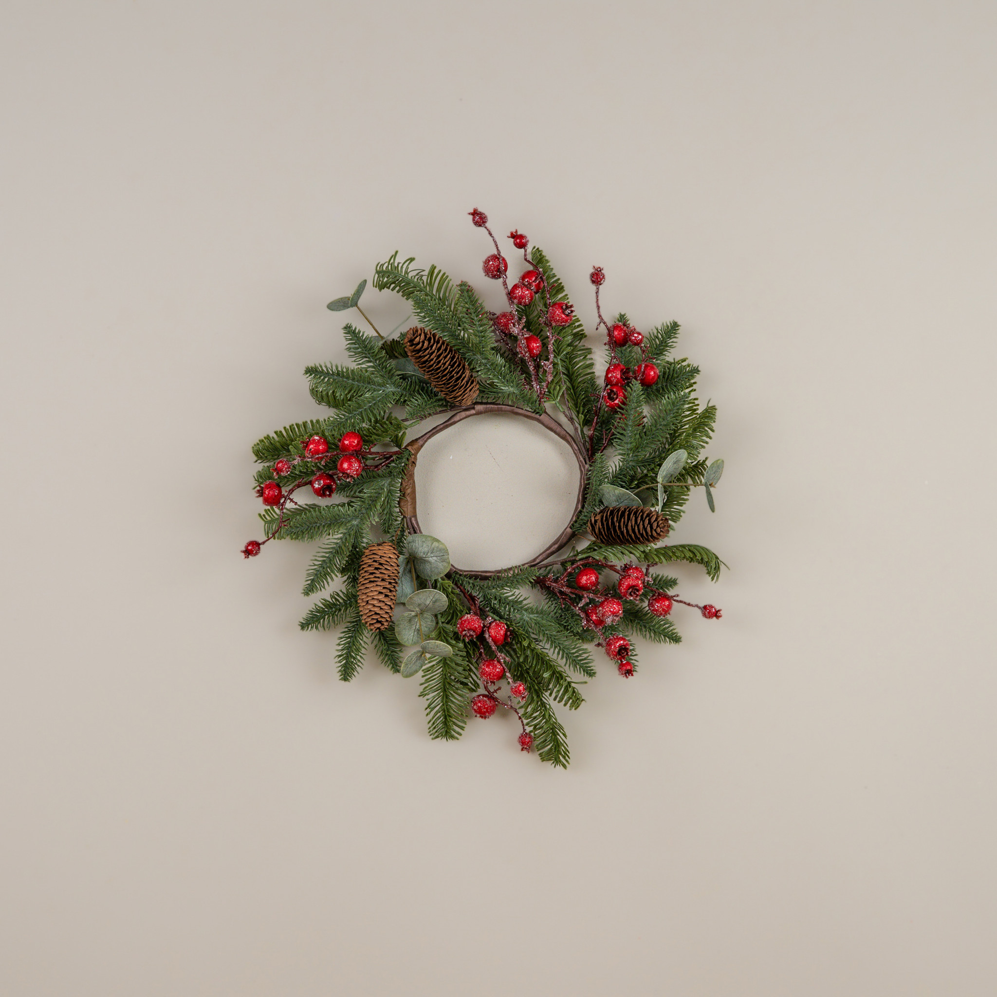 Mixed Greens & Icy Red Berry Candle Ring, 16"