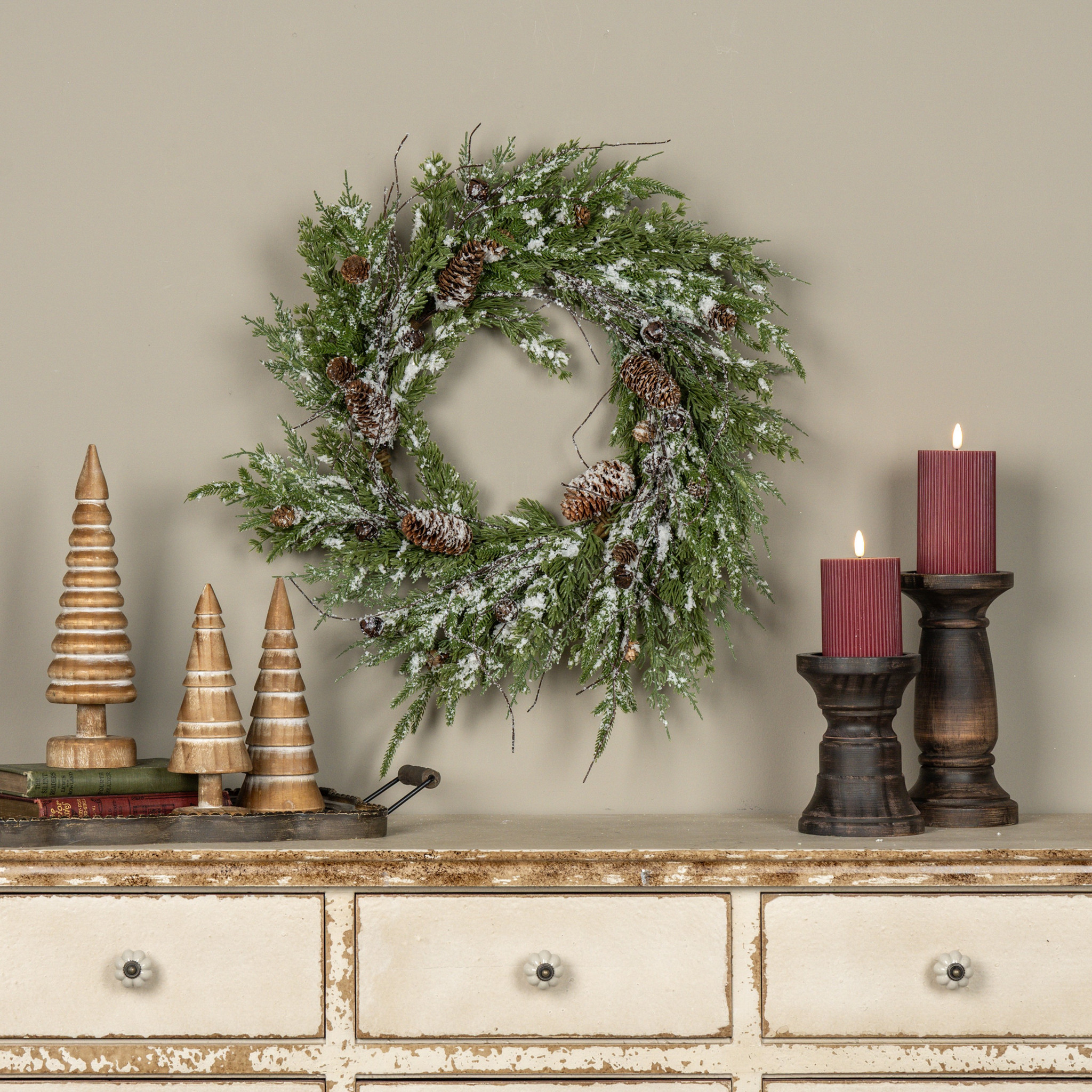 Snowy Pine, Bells & Pinecones Wreath, 22"