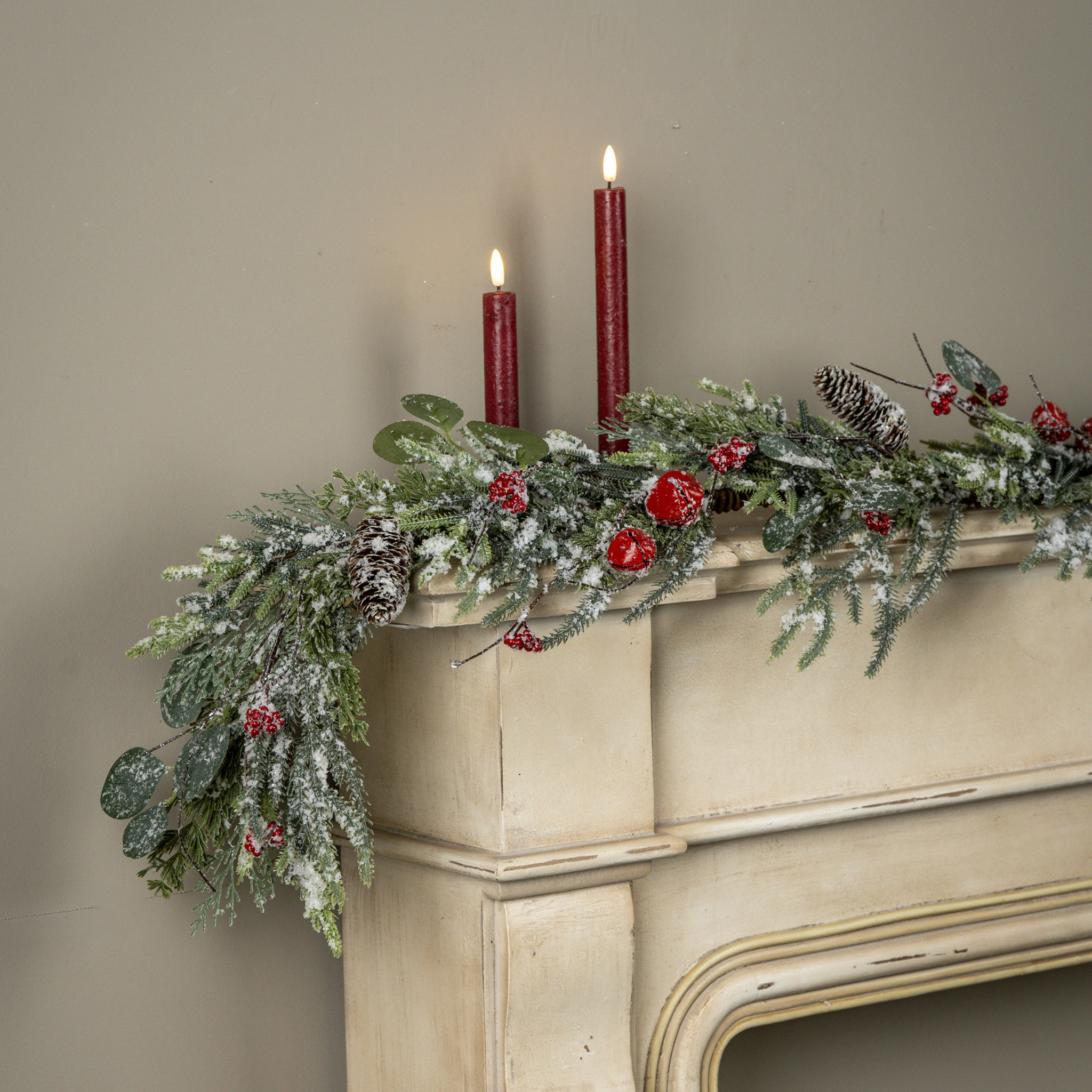 Snowy Pine & Cedar with Bells & Berries Garland, 5 ft
