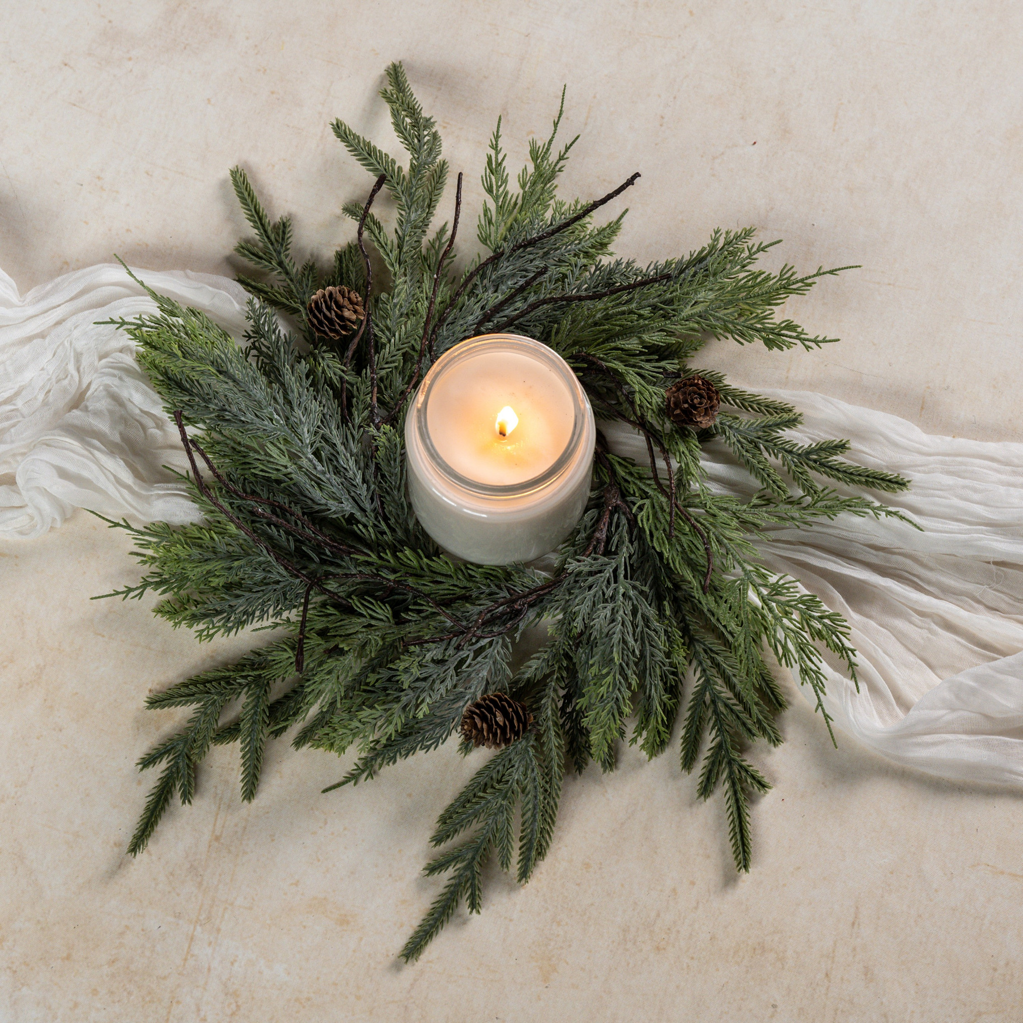 Juniper, Pine & Faux Twig Candle Ring, 16"