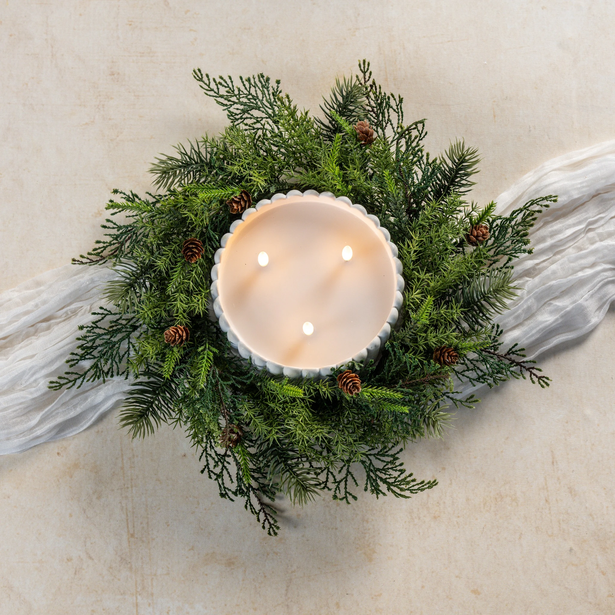 Asparagus Fern with Mini Pinecones Candle Ring, 15"