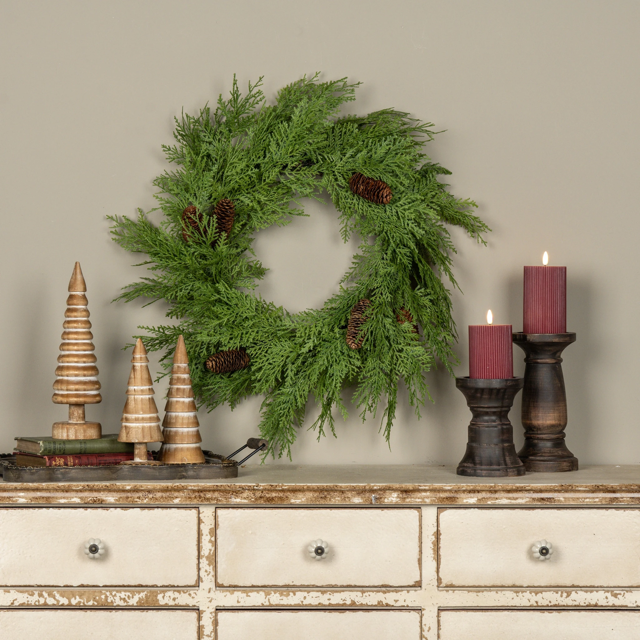 Uniform Cedar with Pinecone Wreath, 24"