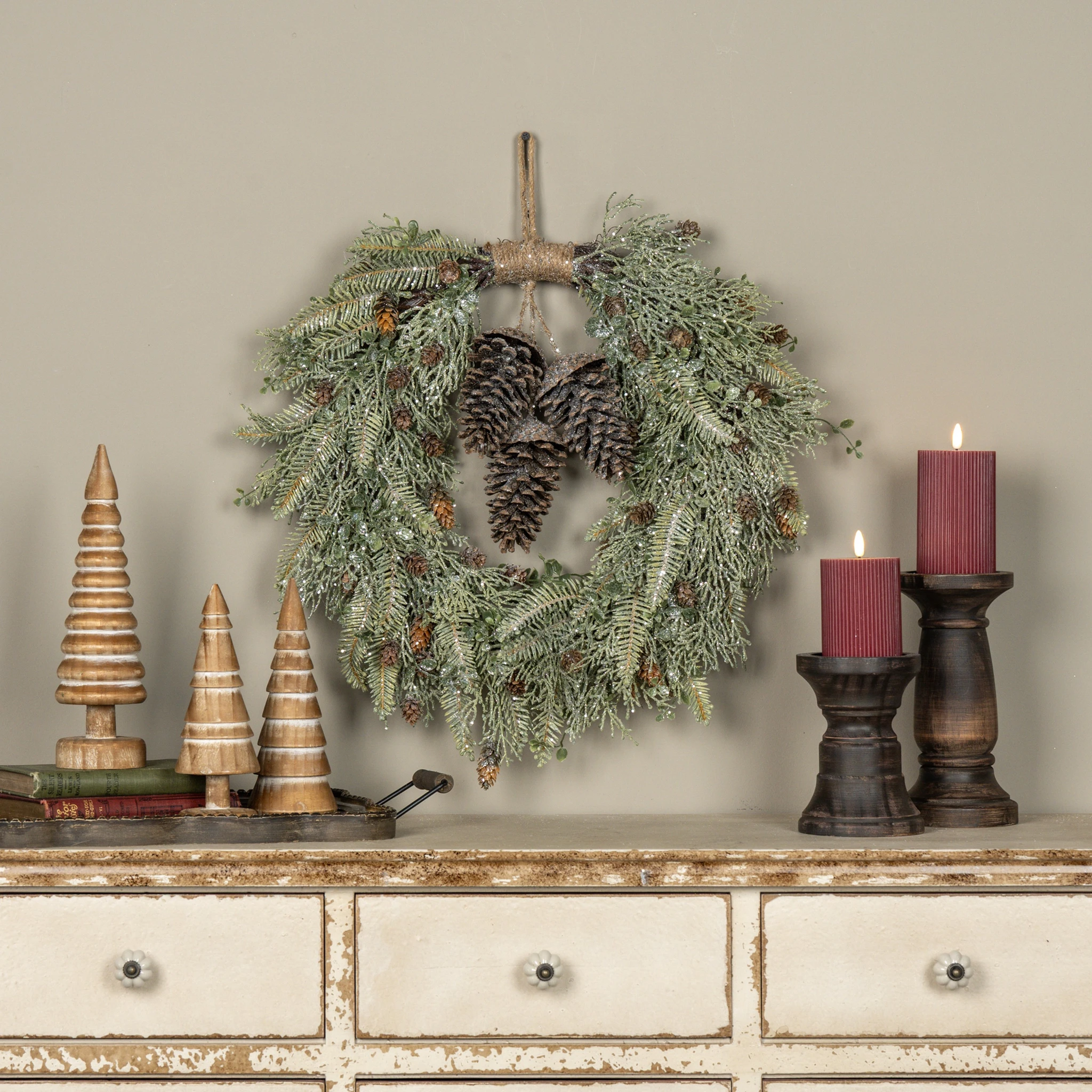 Glittered Cedar & Mixed Pine Hanging Wreath, 20"