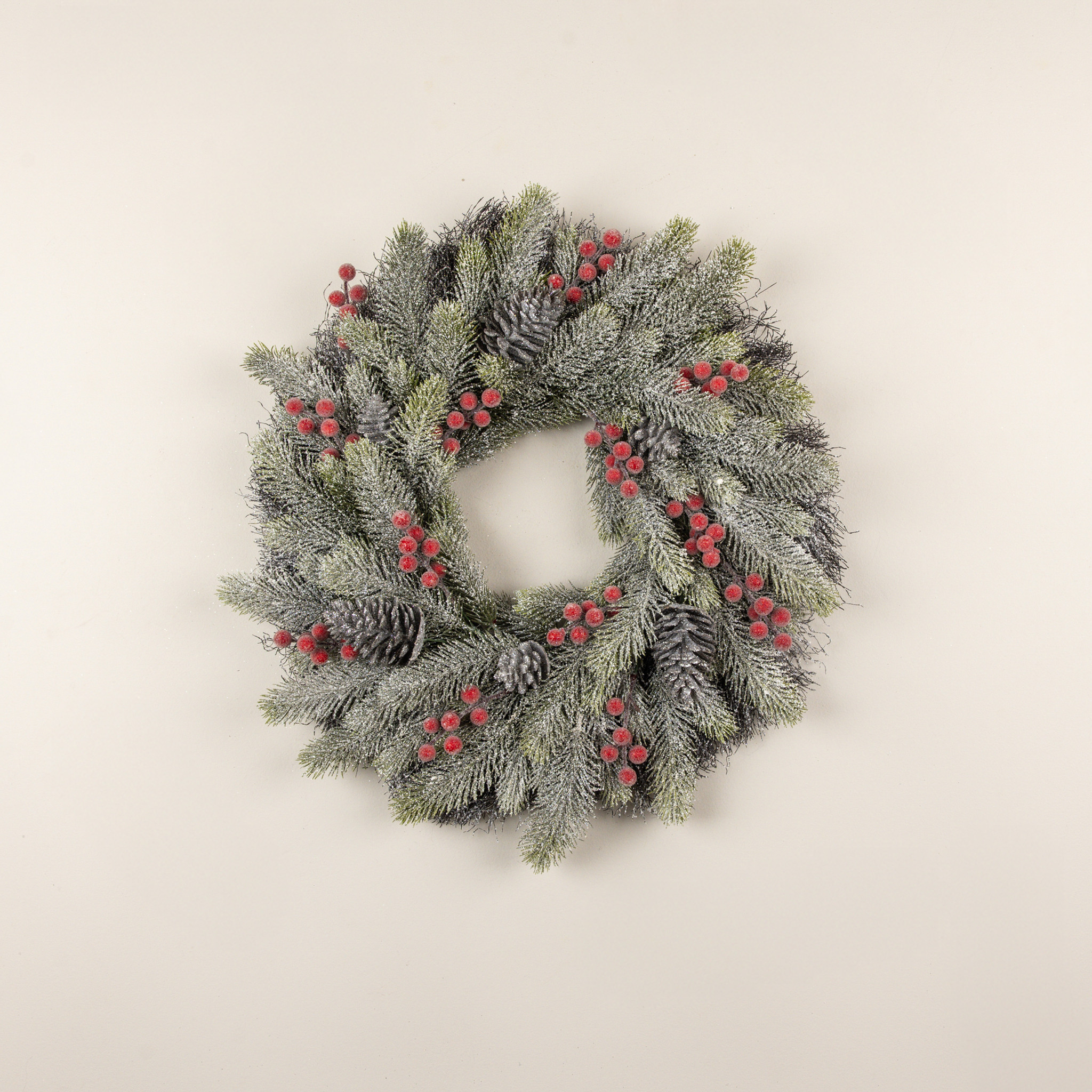 Frosted Pine with Red Berries & Pinecones Wreath, 24", photo 3 of 4