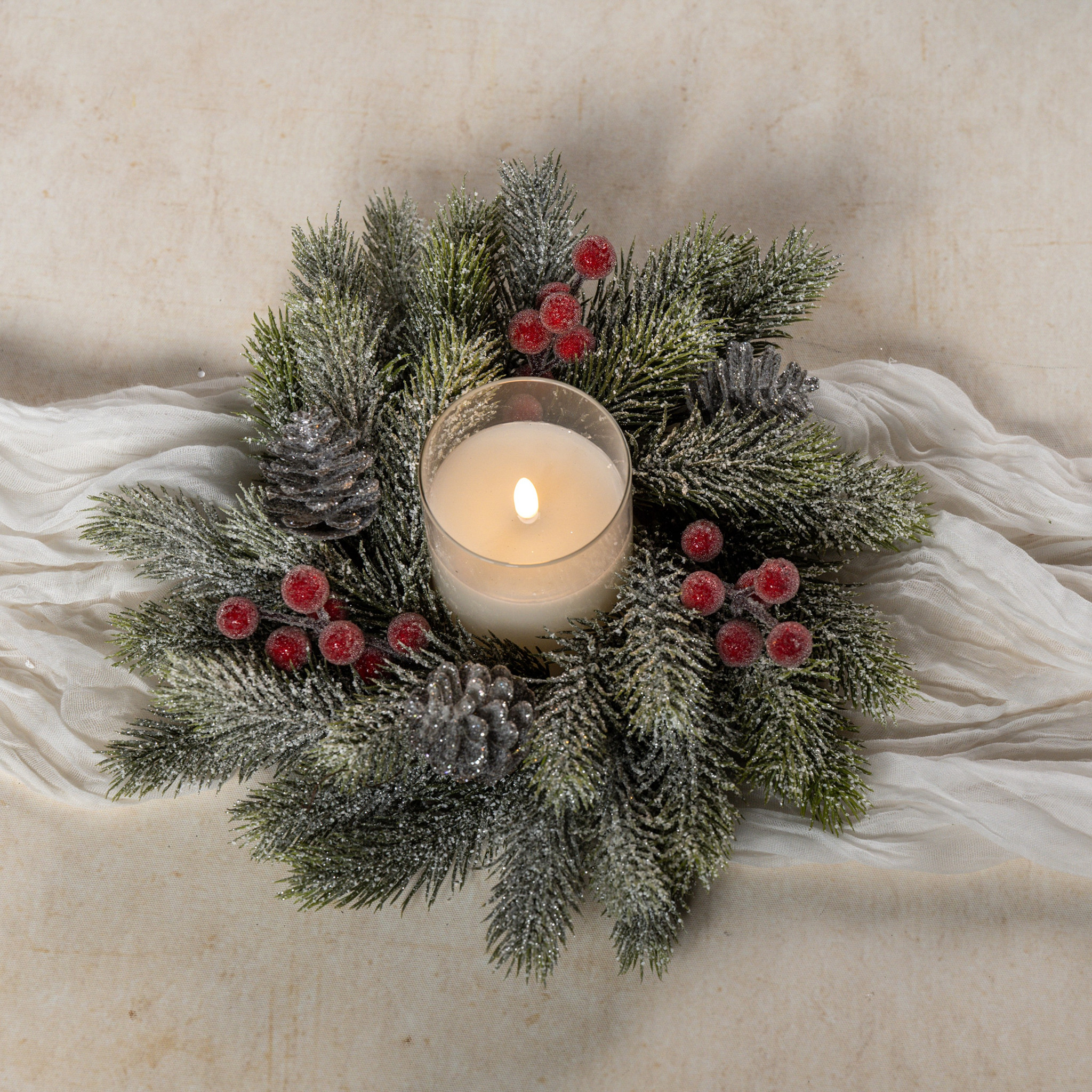Frosted Pine & Berry Candle Ring, 13"