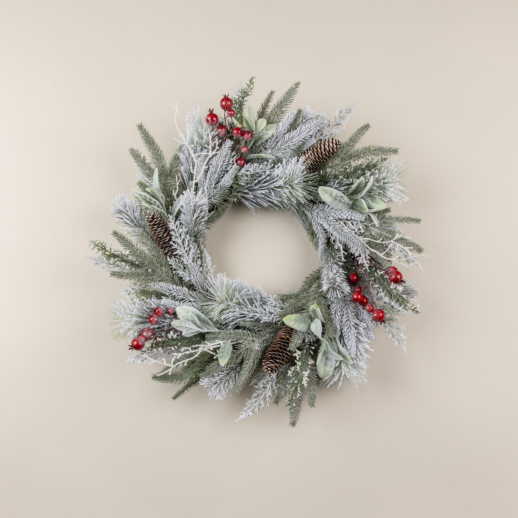 Snow-Covered Pine, Lamb's Ear & Red Berry Wreath, 24", photo 3 of 4